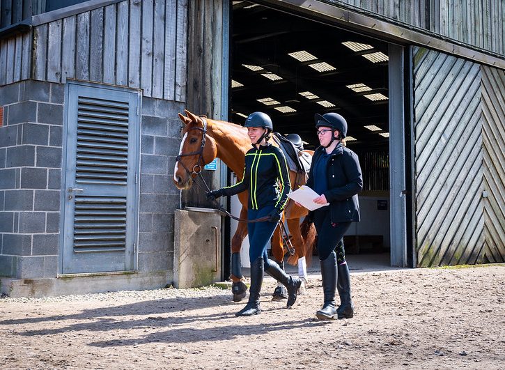 two students walking a horse