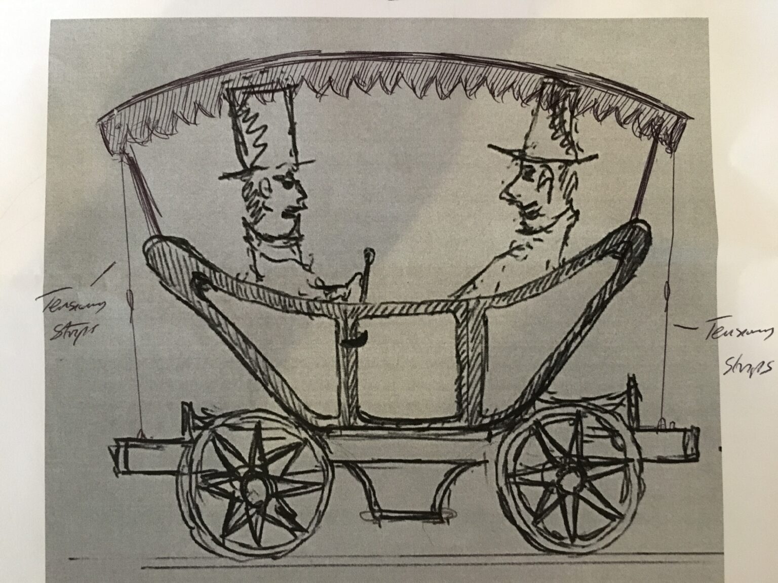 Hand-drawn sketch of two figures facing each other in car.