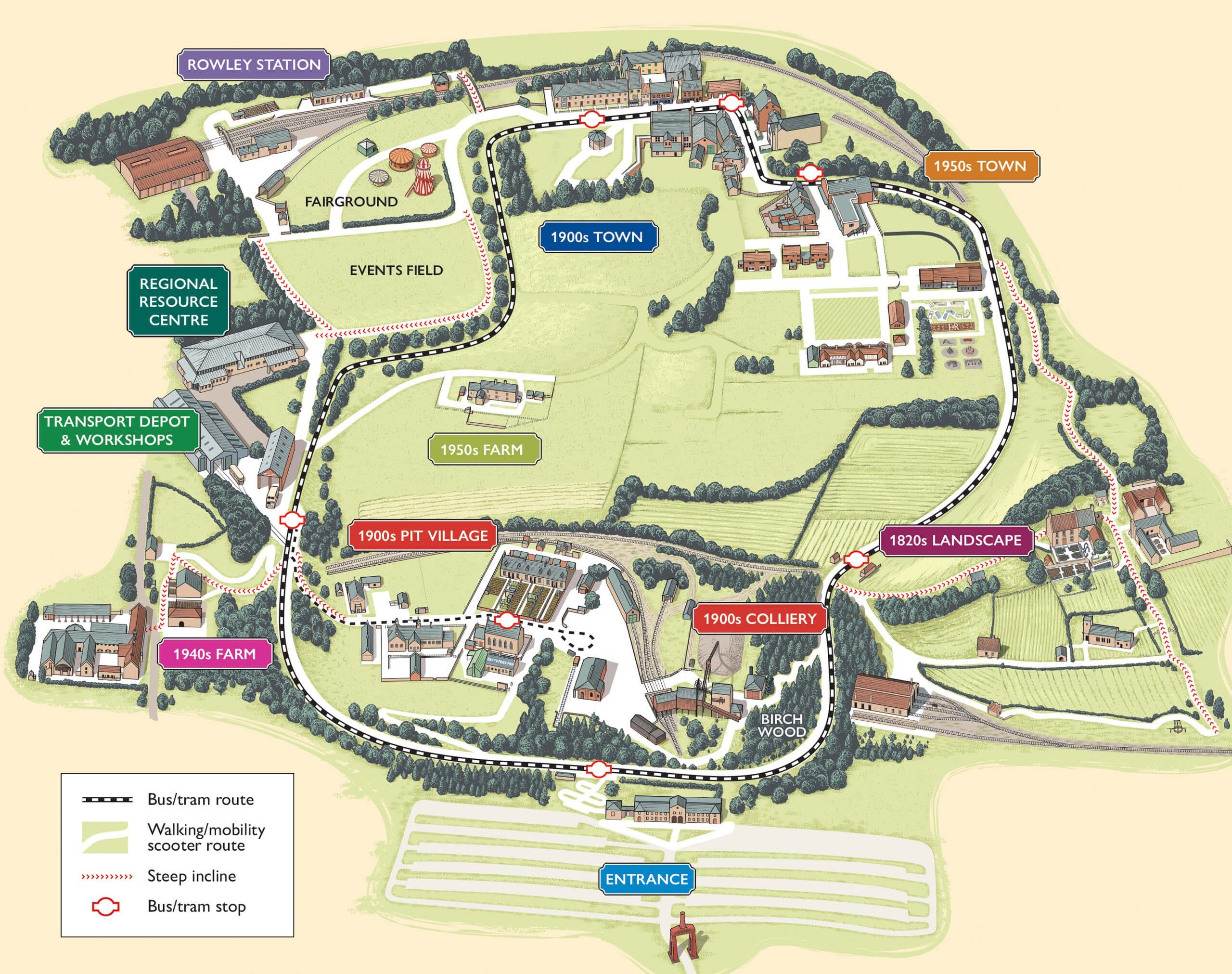Illustration of Beamish Museum site, and highlighted exhibits.