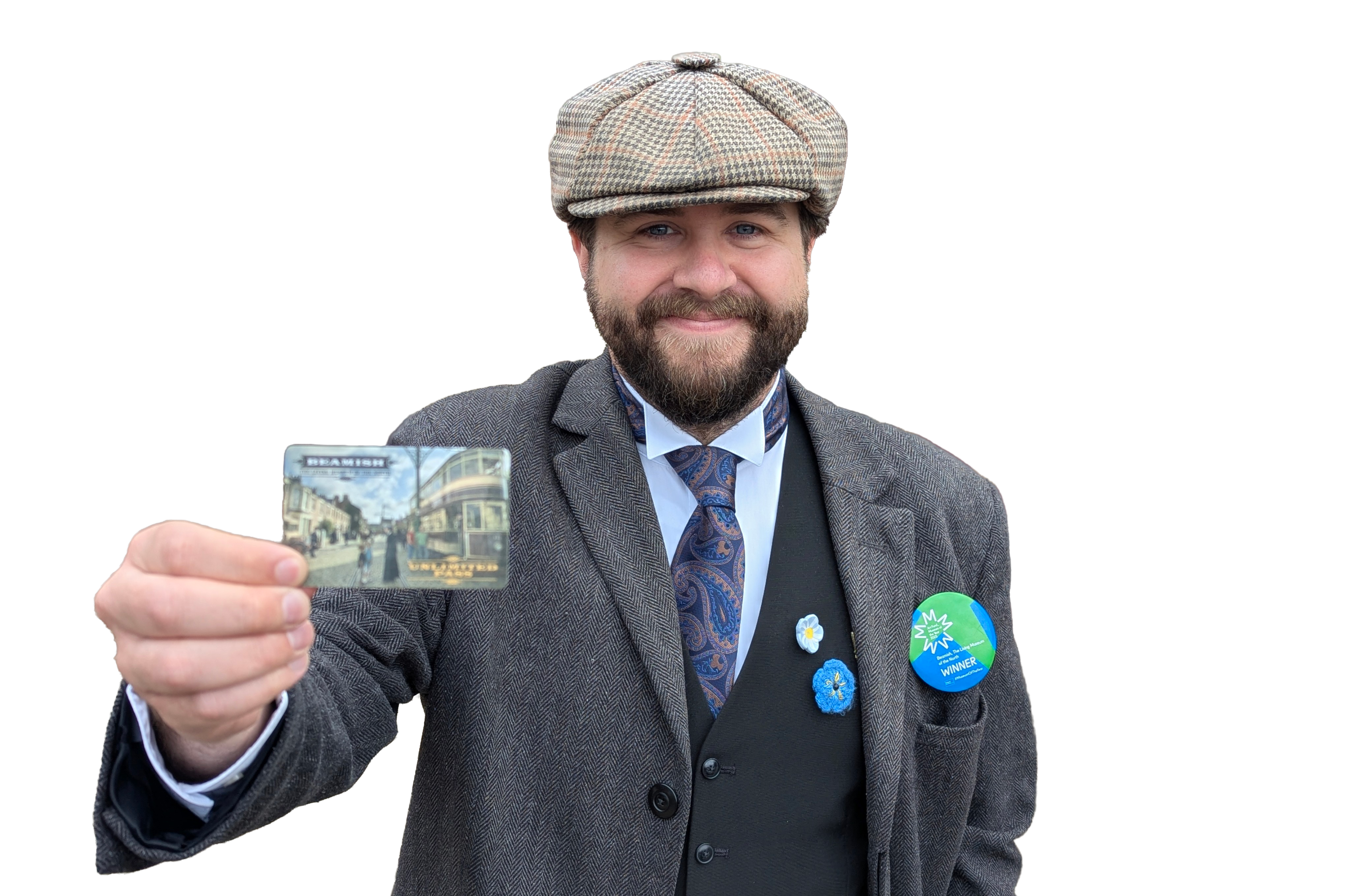 Costumed figure holding Unlimited Pass.