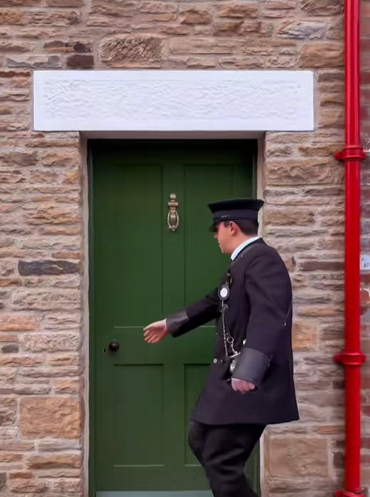 Costumed conductor entering doorway