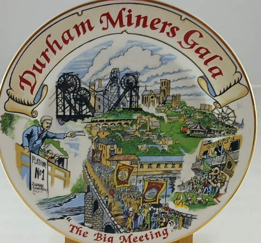 A plate which reads Durham Miners Gala "The Big Meeting" and features illustrations representing the Gala.