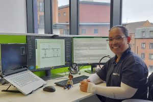 Principal Sustainability Engineer Xye Lapuz at her desk in our Newcastle office.
