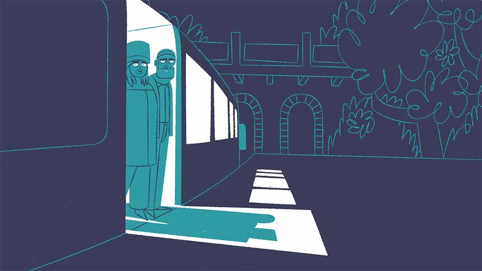 A still from an animation. The whole frame is made up of shades of blue. A couple stand looking out of a train carriage.