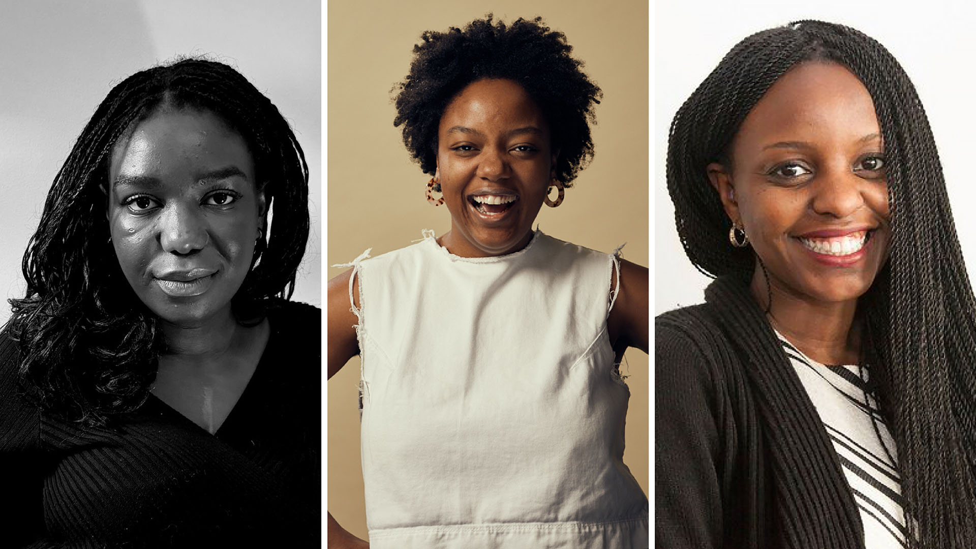 Composite image showing three portrait headshots: Balenji Mwiche in black and white on the left, Briana Pegado smiling against a beige background in the centre, and Liz Chege smiling against a light background on the right.