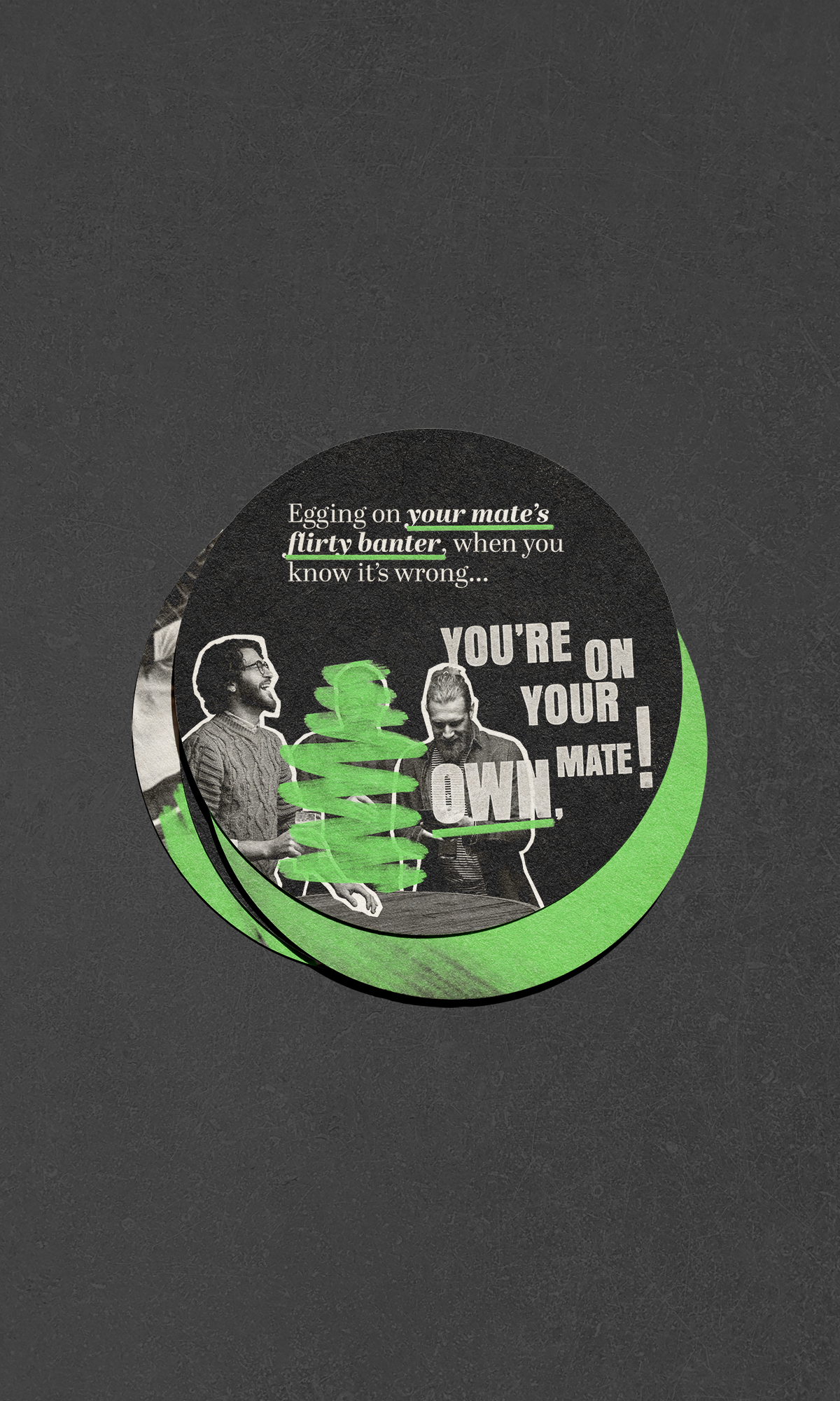 Black beer matts with green and white writing