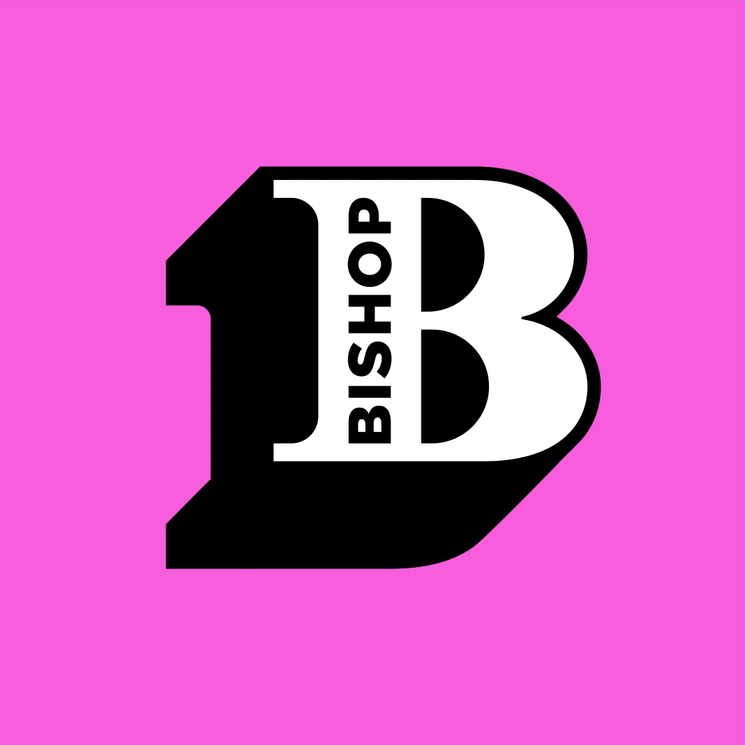 Bishop logo on pink background colour.