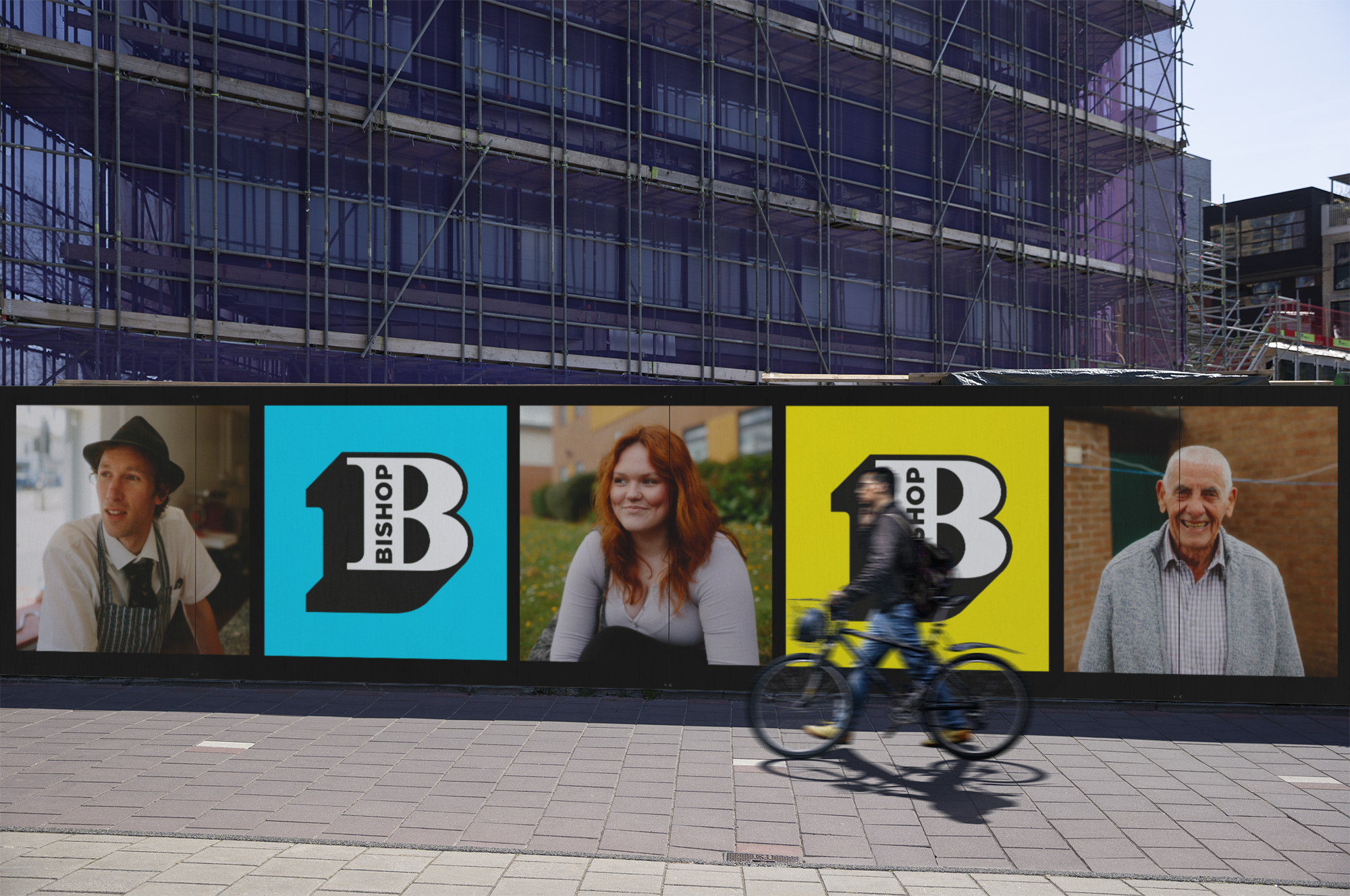 Site boards around a construction site carrying the Bishop Logo and pictures of local residents