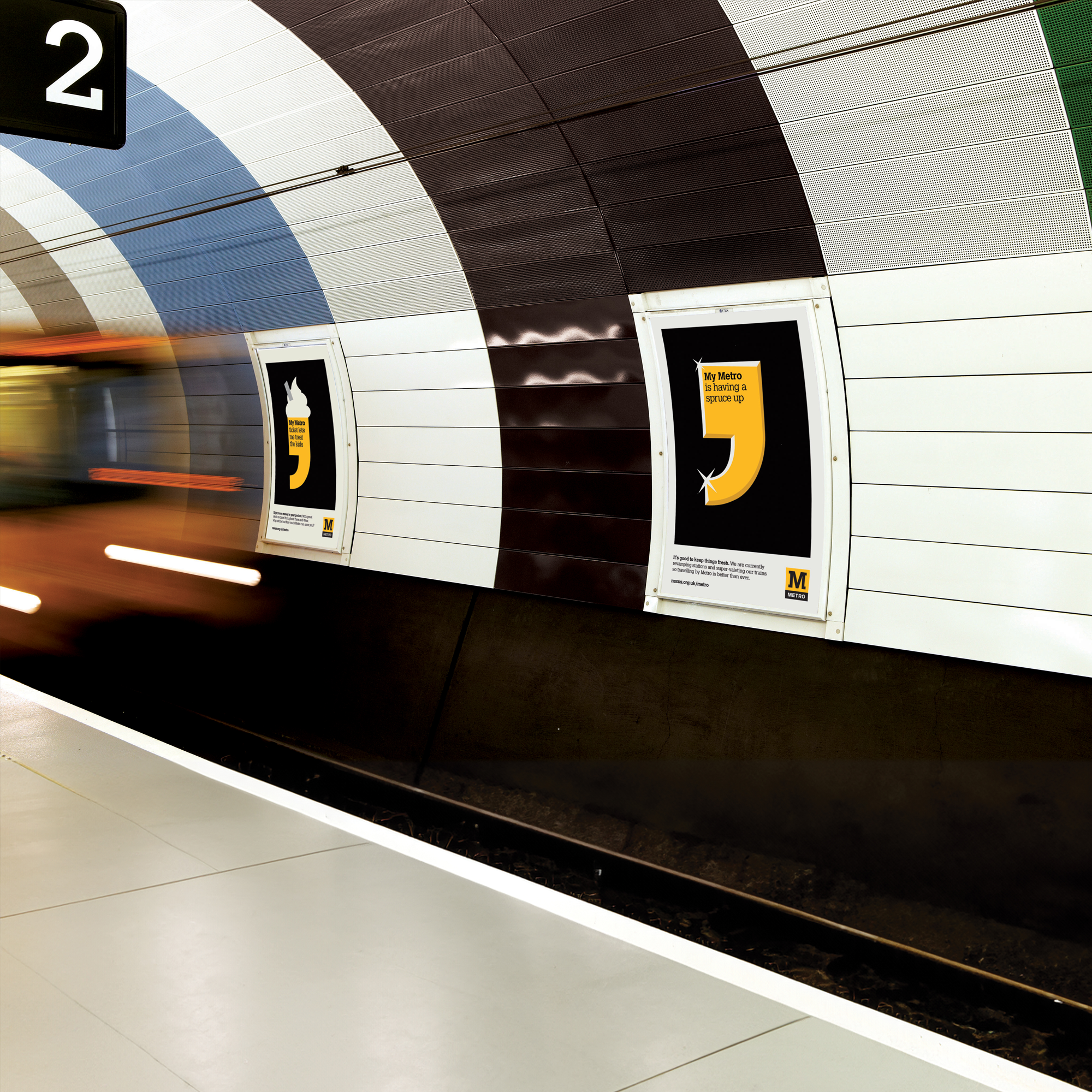 A metro station with posters