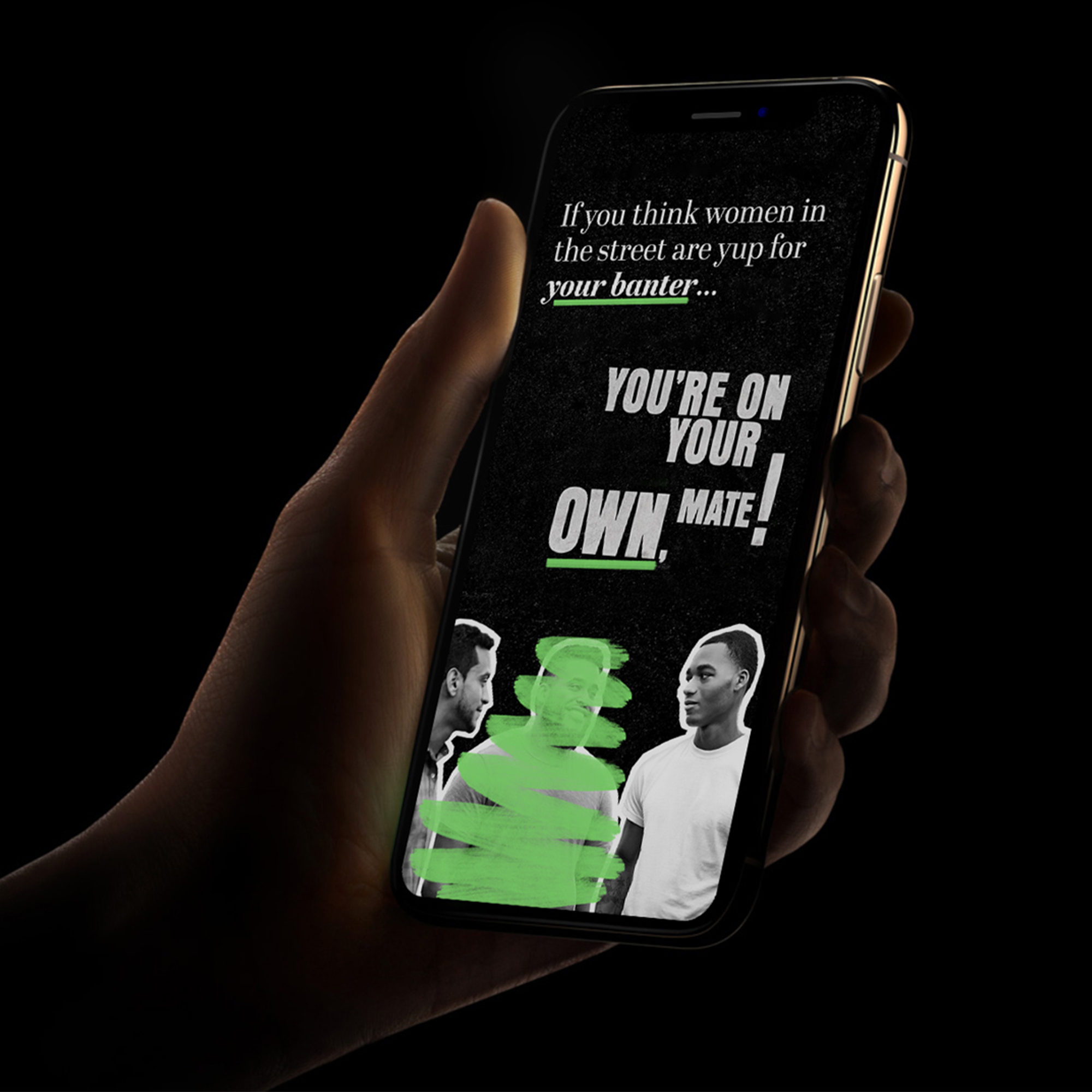 A hand holding a phone showing a white, green and black graphic