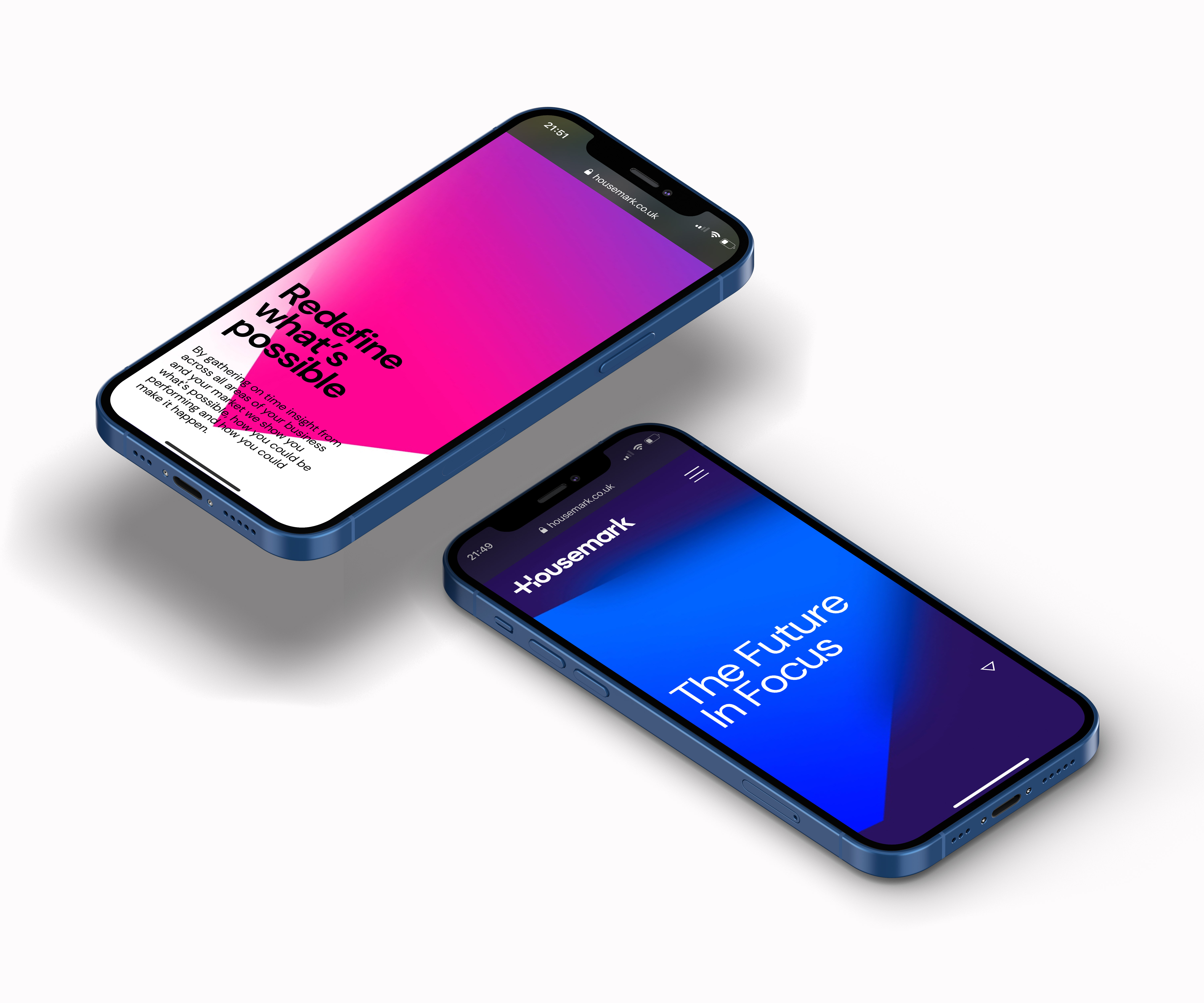 Two phones on top of each other - one with a blue screen and one with a pink screen