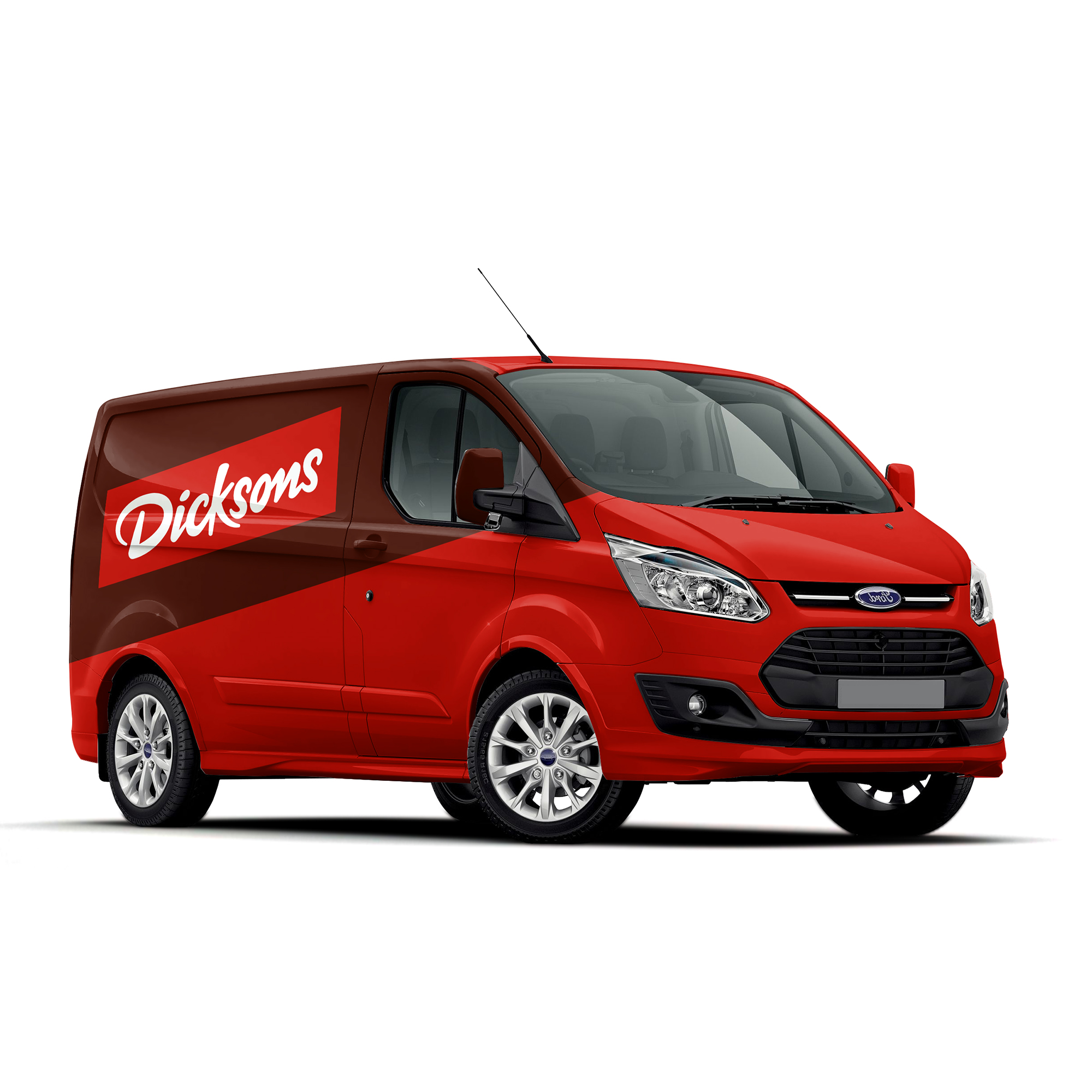 Red van against white backdrop.