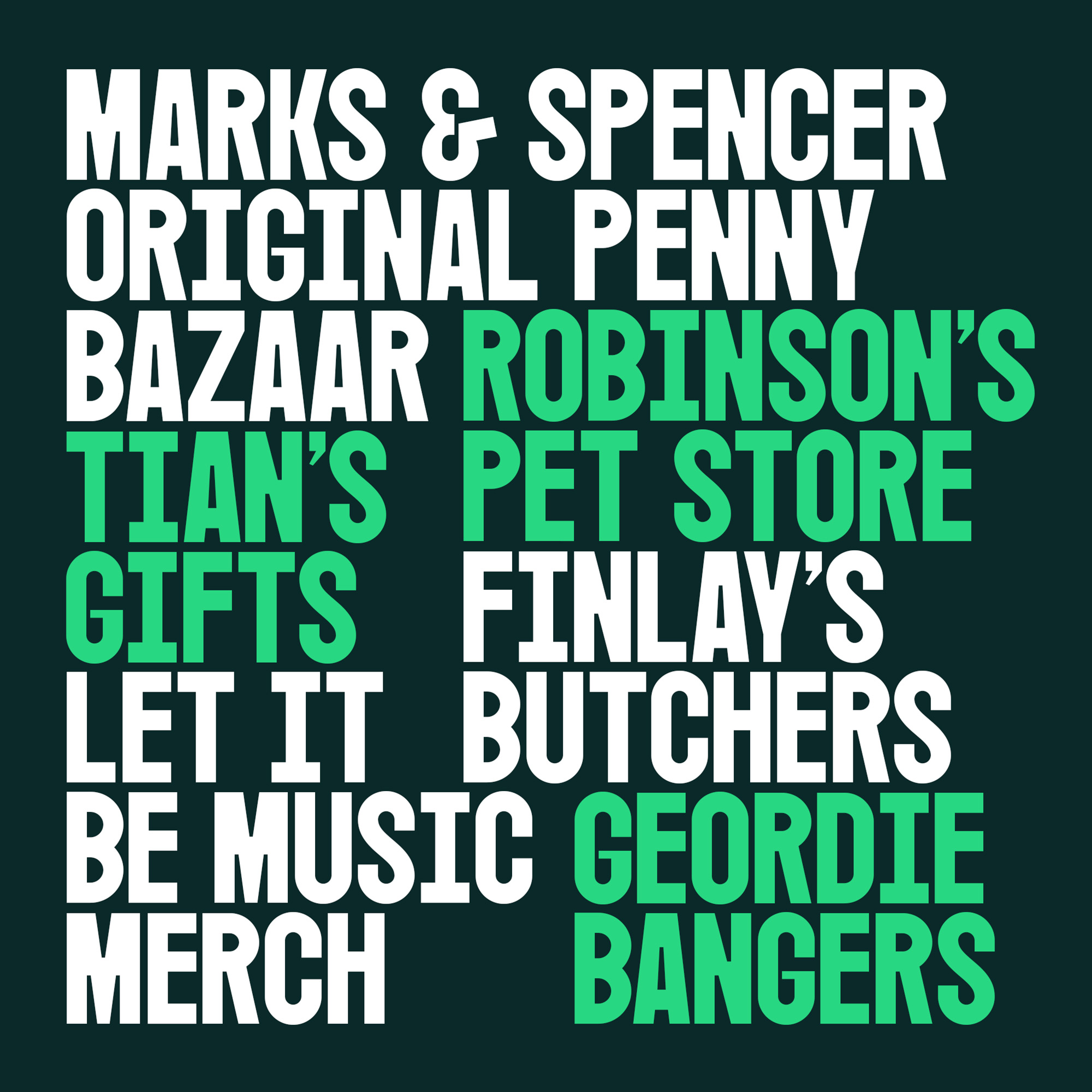 A green graphic with the names of shops in white and pale green writing