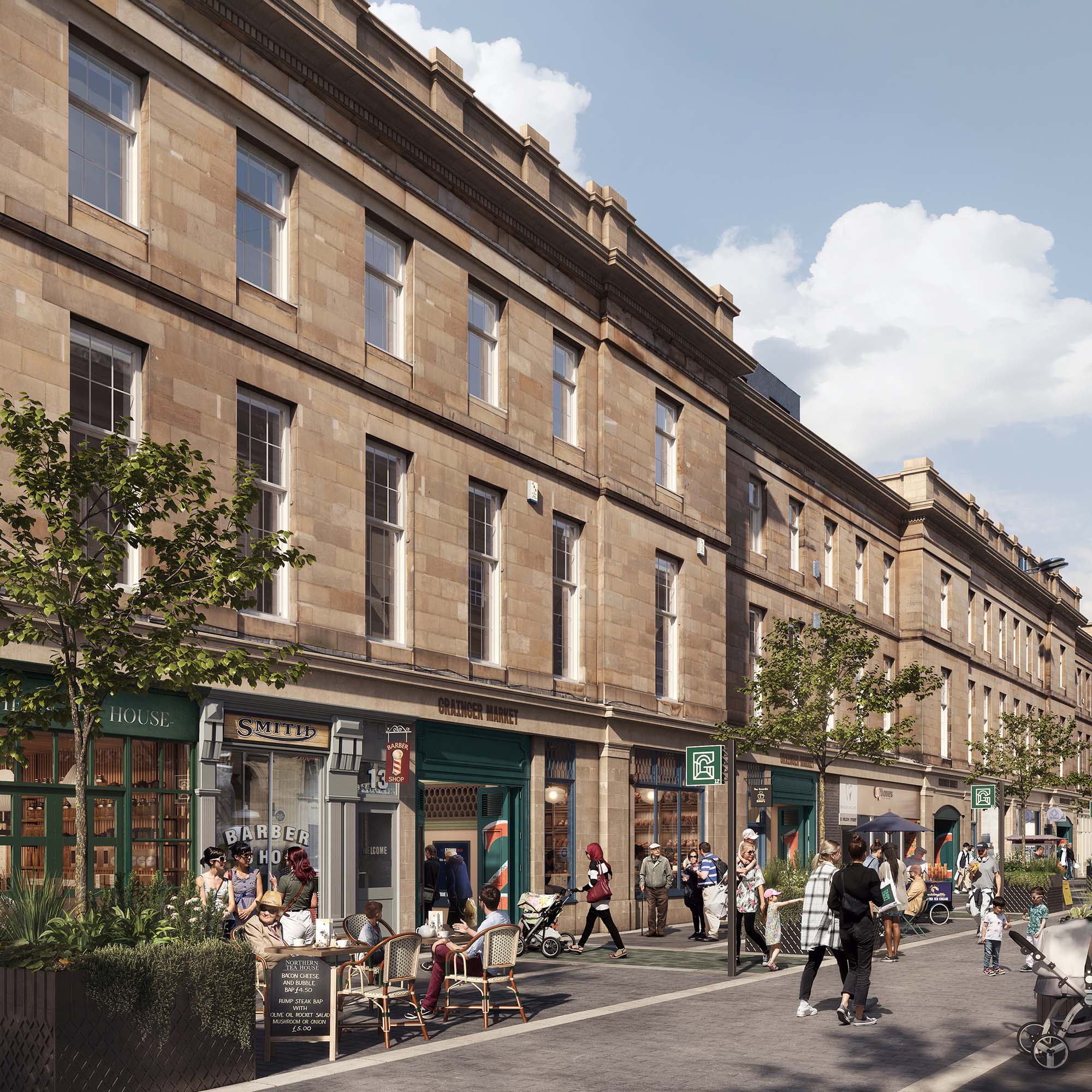 Exterior CGI street view of the Grainger Market entrance and street architecture on a sunny day.