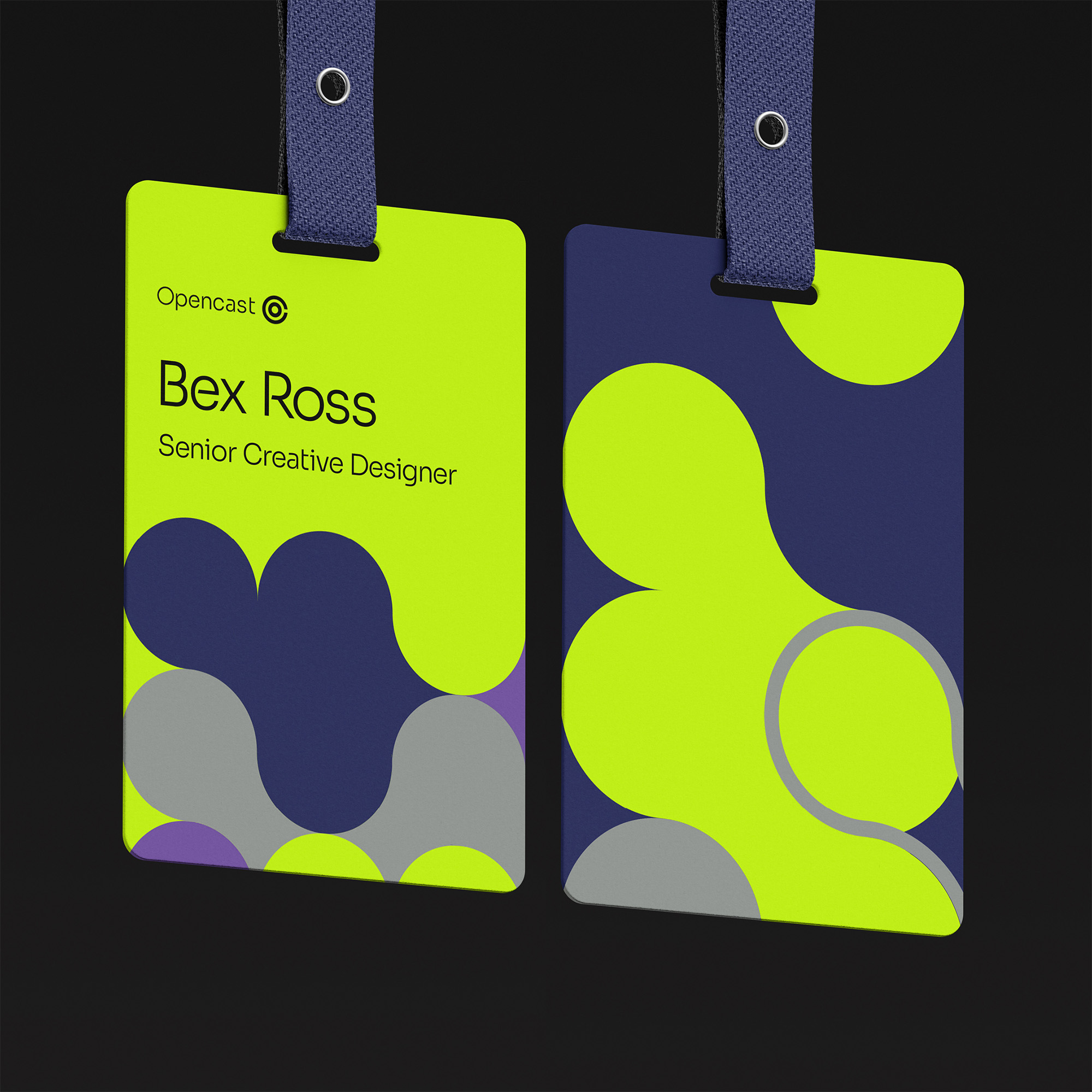 A green, navy, grey and purple lanyard