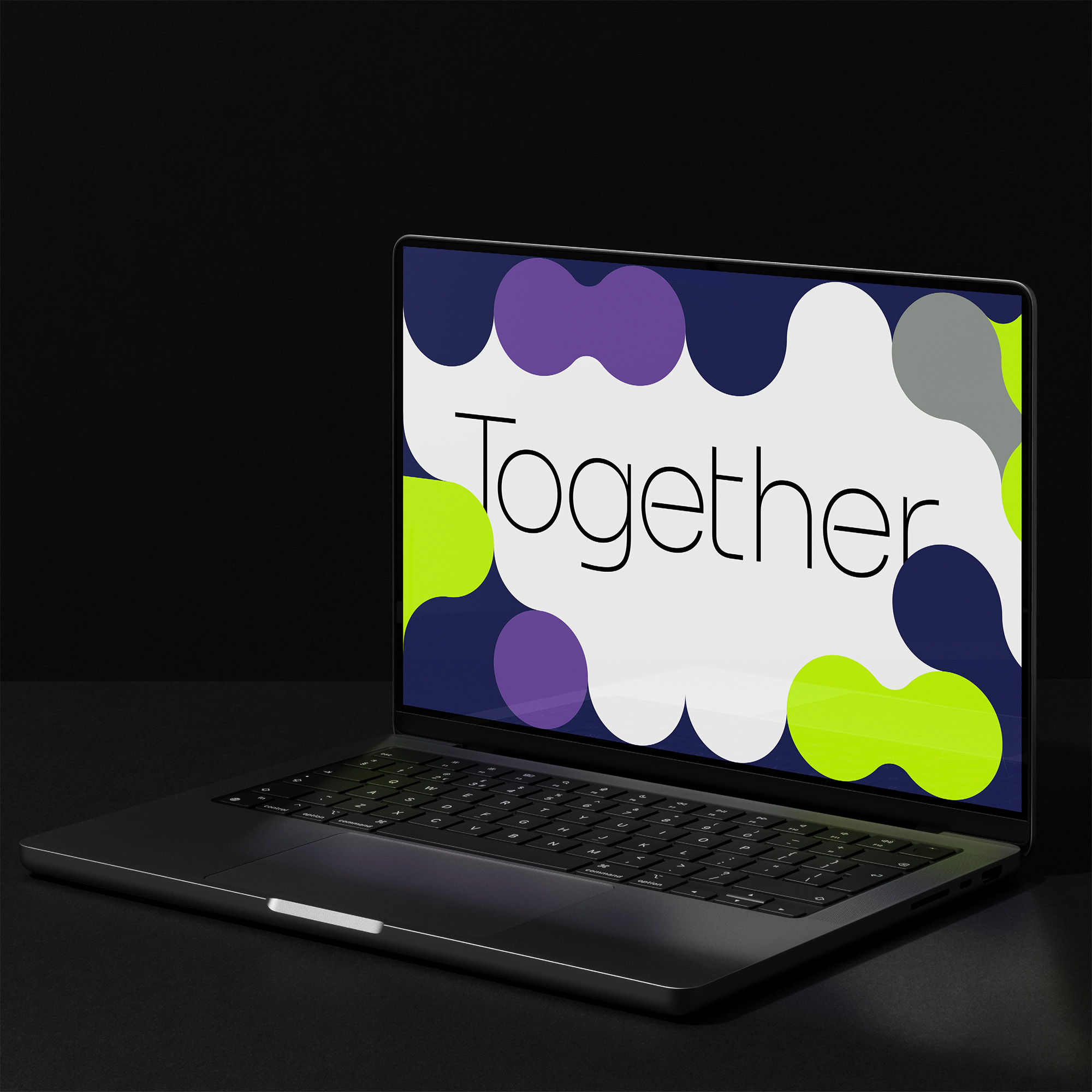 A laptop screen reading the word together surrounded in shapes
