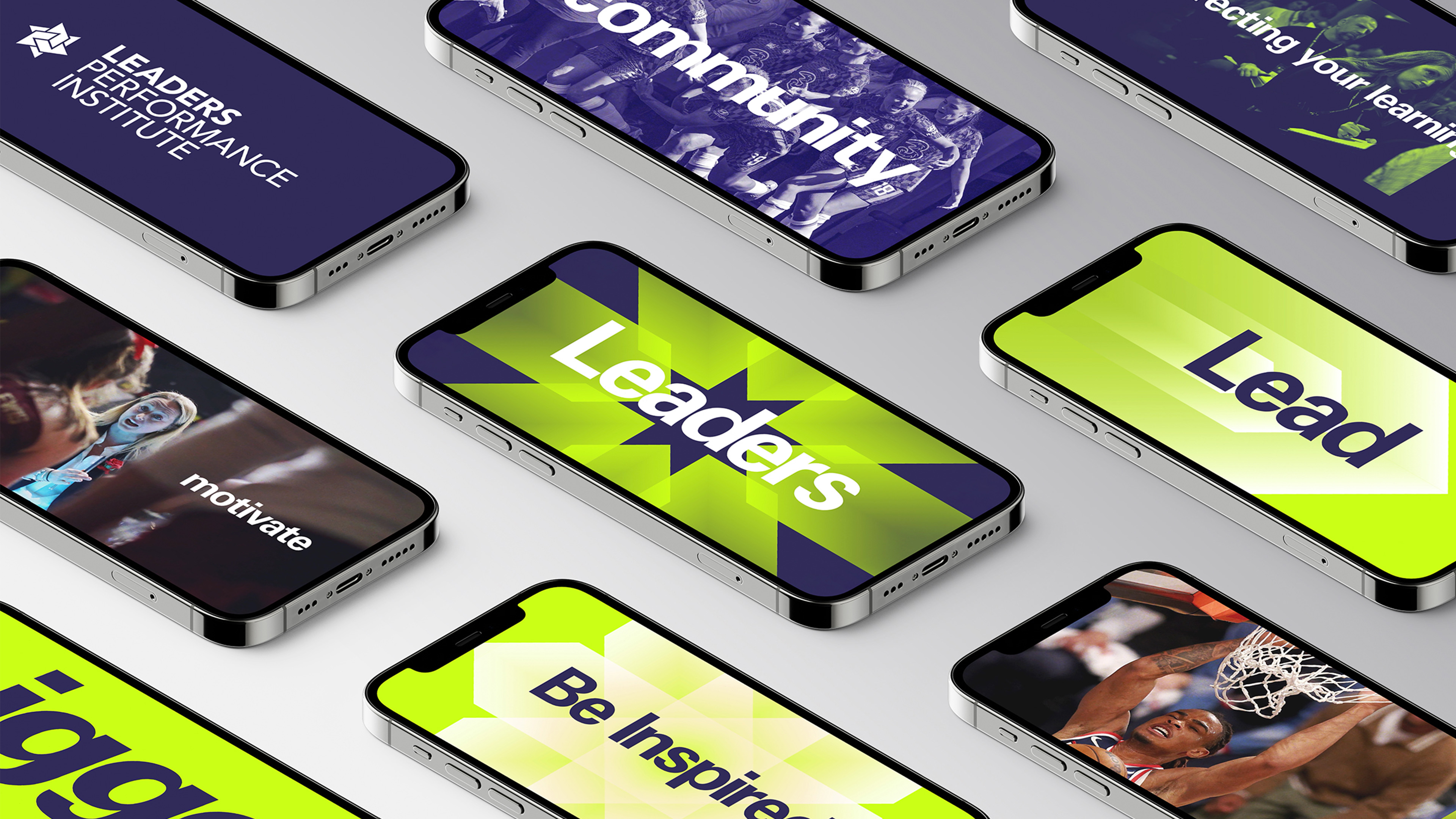 Phones aligned symmetrically showcasing different words.