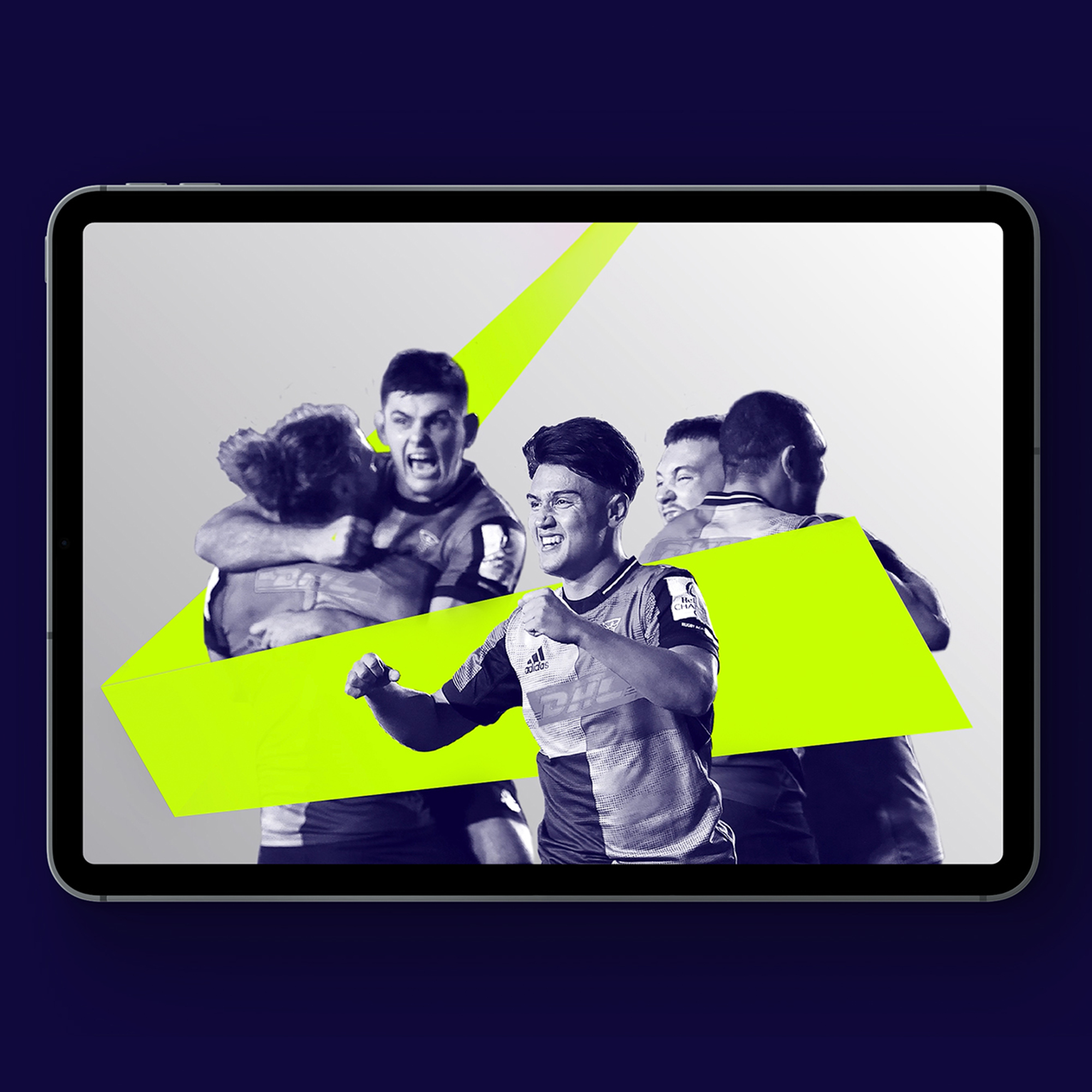 Athletes celebrate and embrace together.