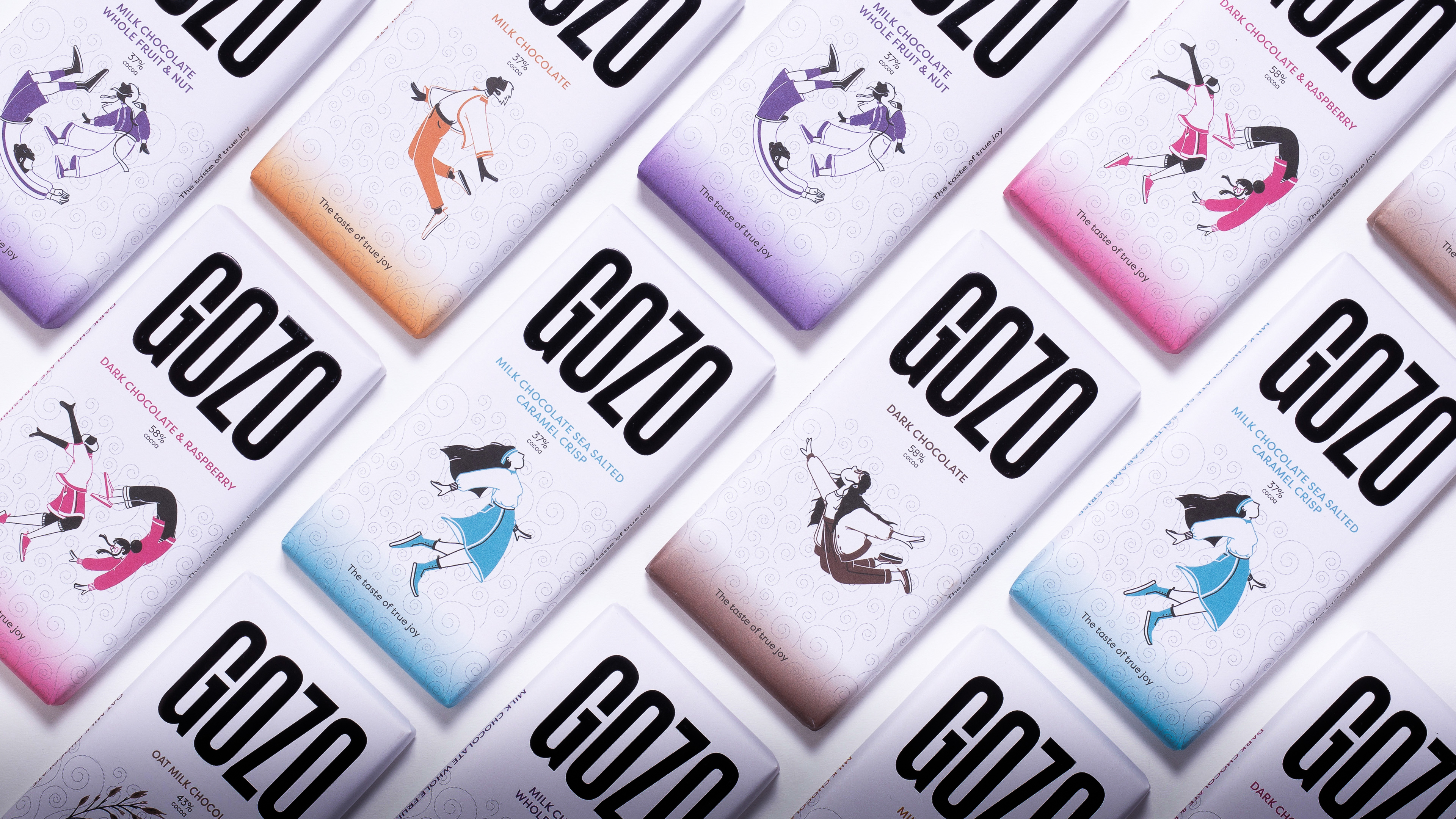 Colourful chocolate bars lined up in symmetrical order.