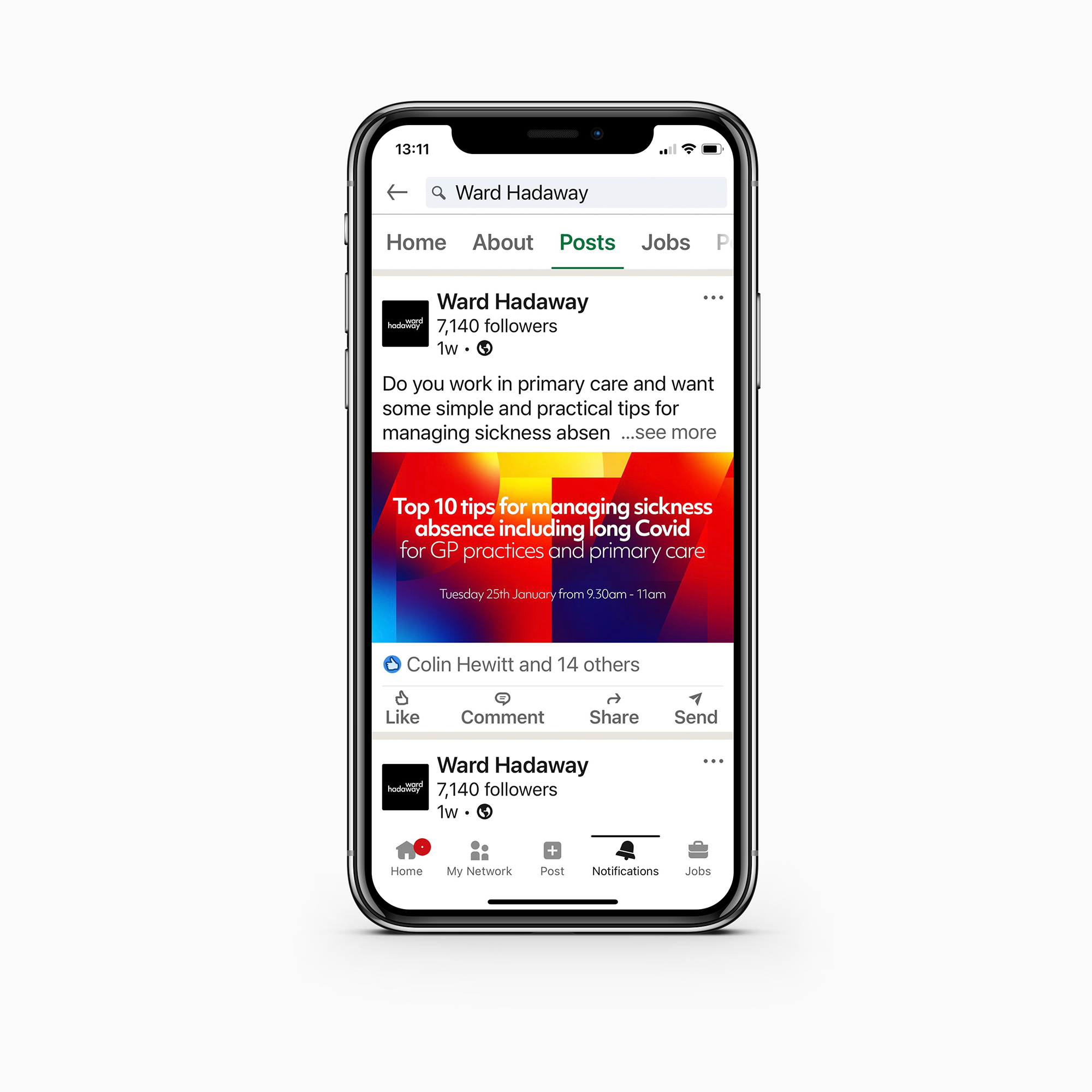 iPhone with visible LinkedIn page showing.