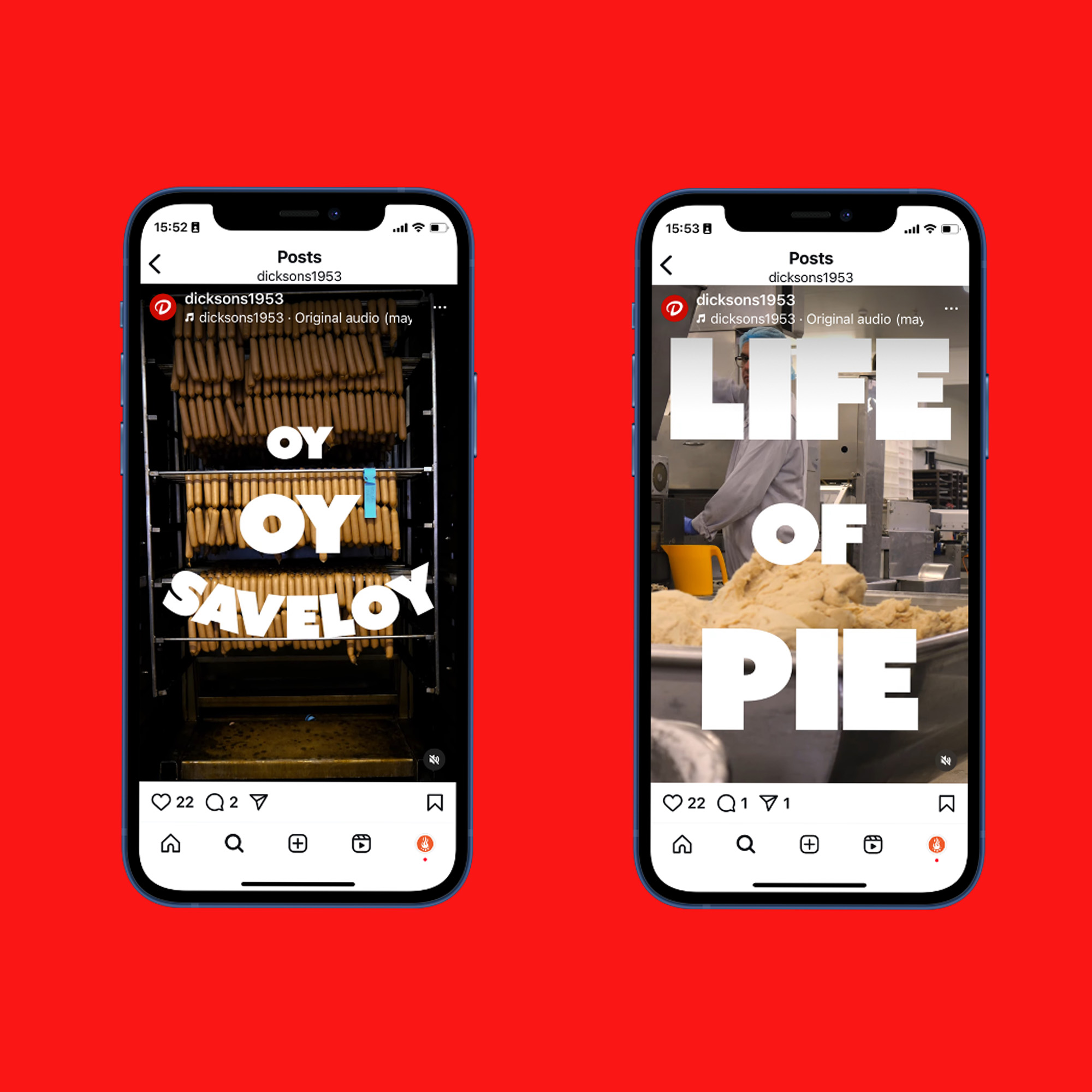 A red screen with two phones showing Instagram posts