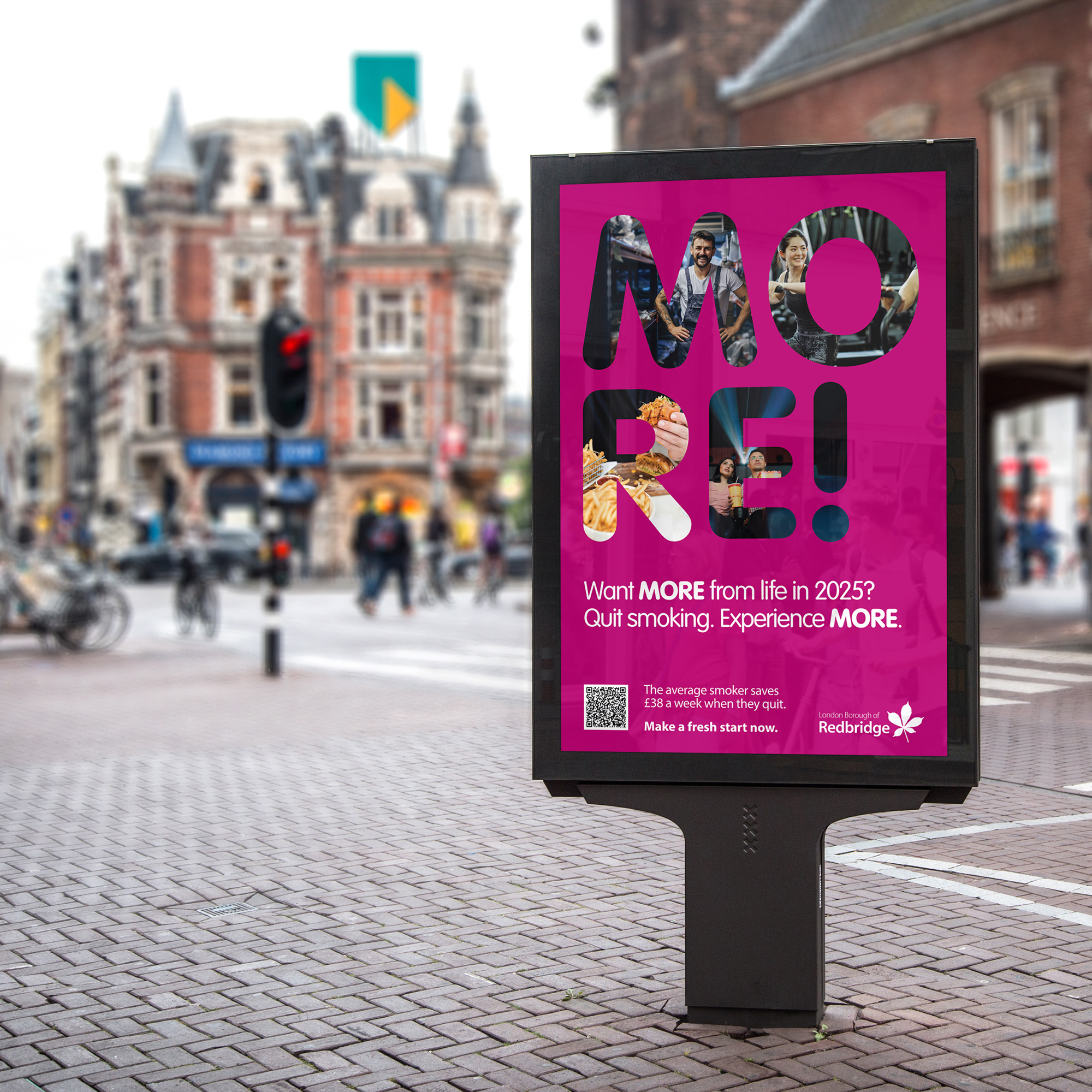 A pink advertising board in a busy town