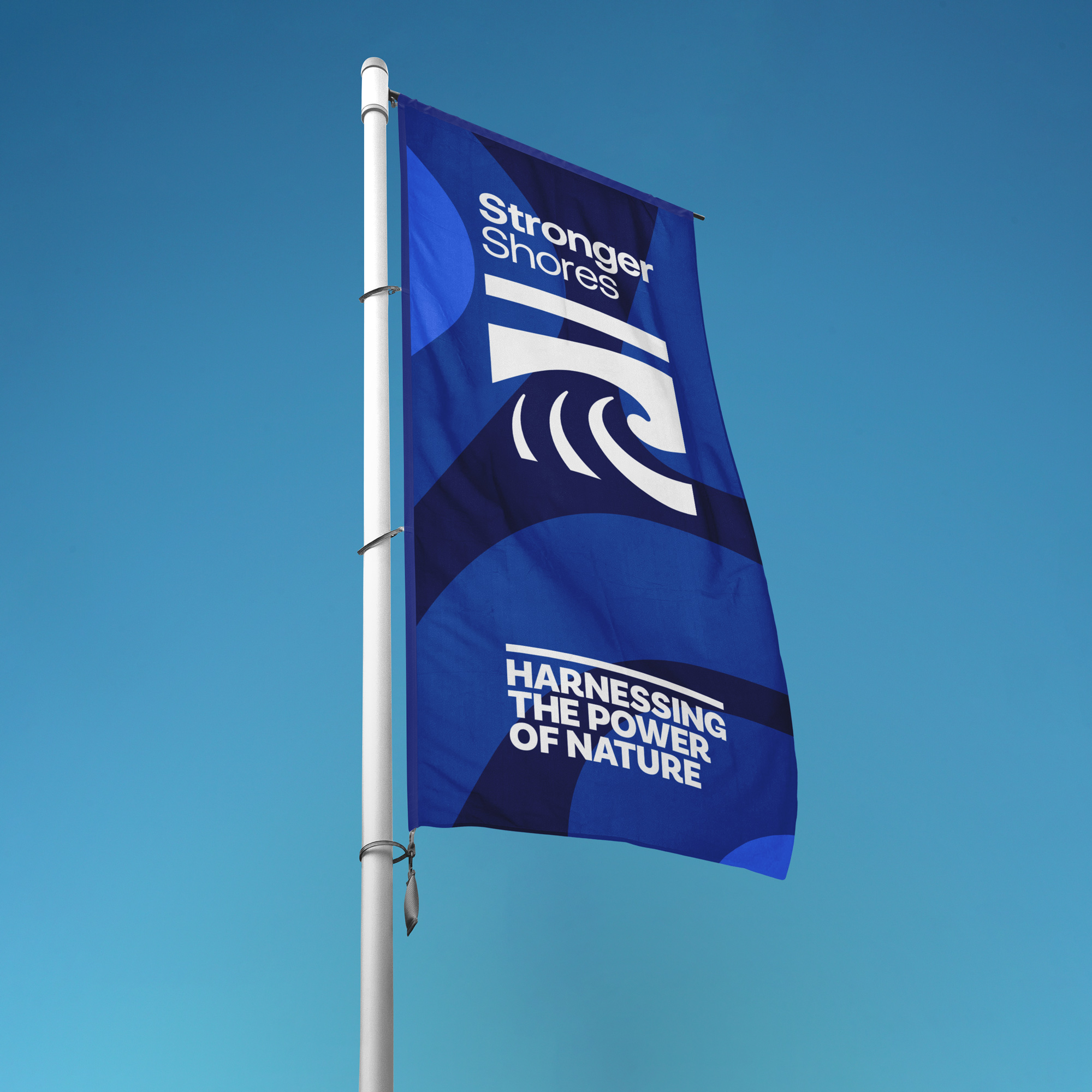 A blue and white flag against a blue sky