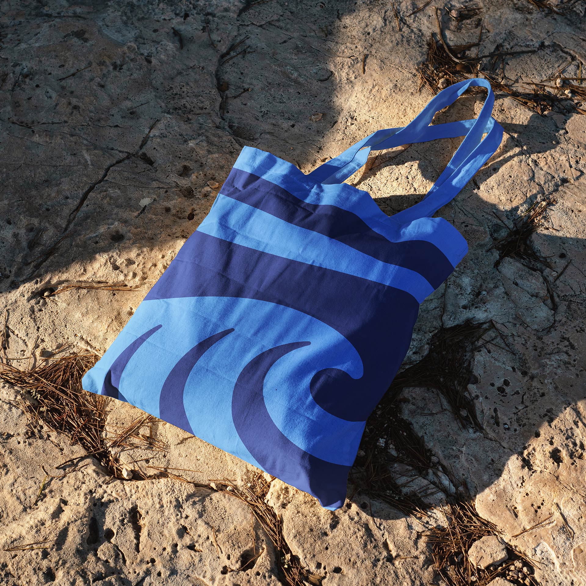 A blue tote bag on some rocks