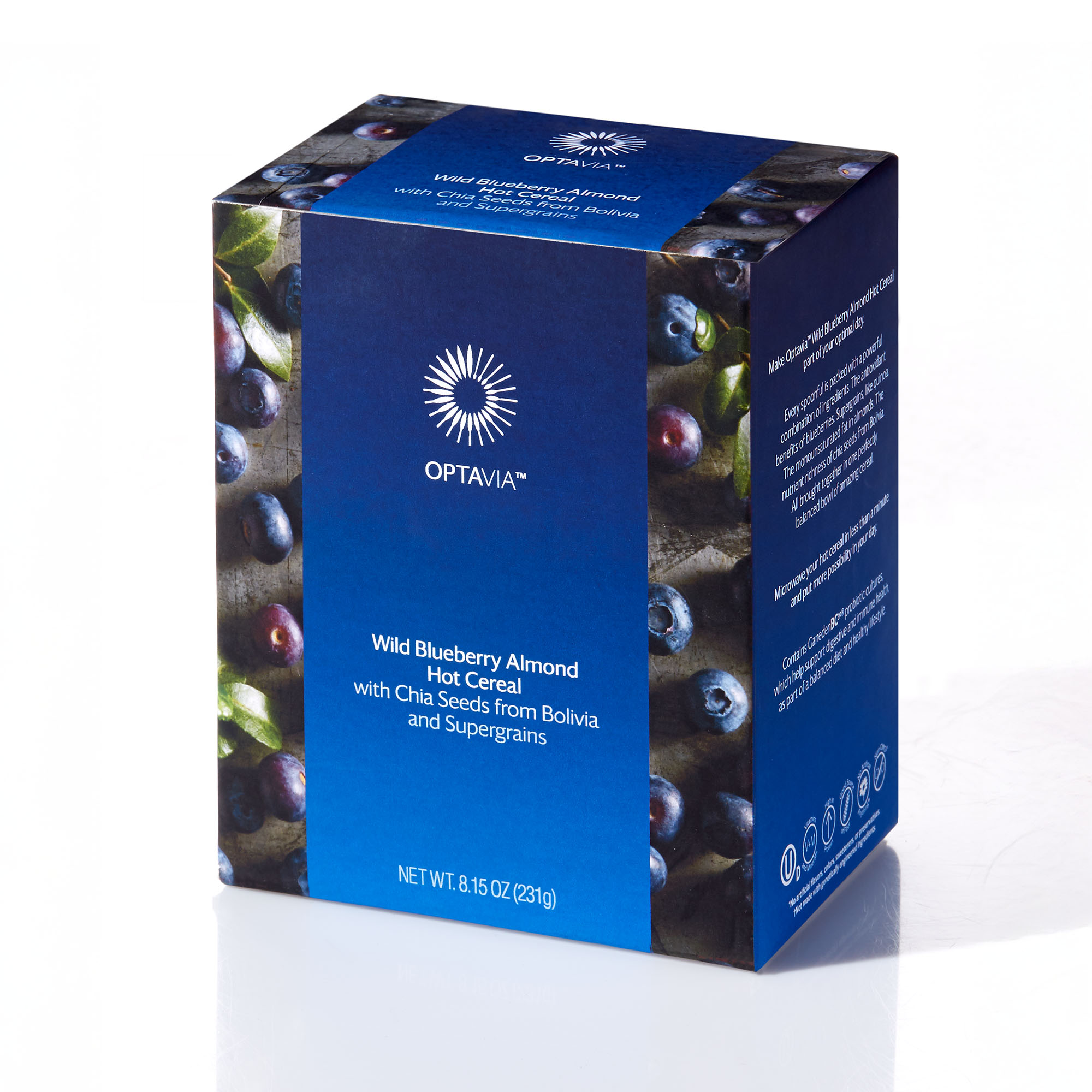 A blue box that has pictures blueberries on it