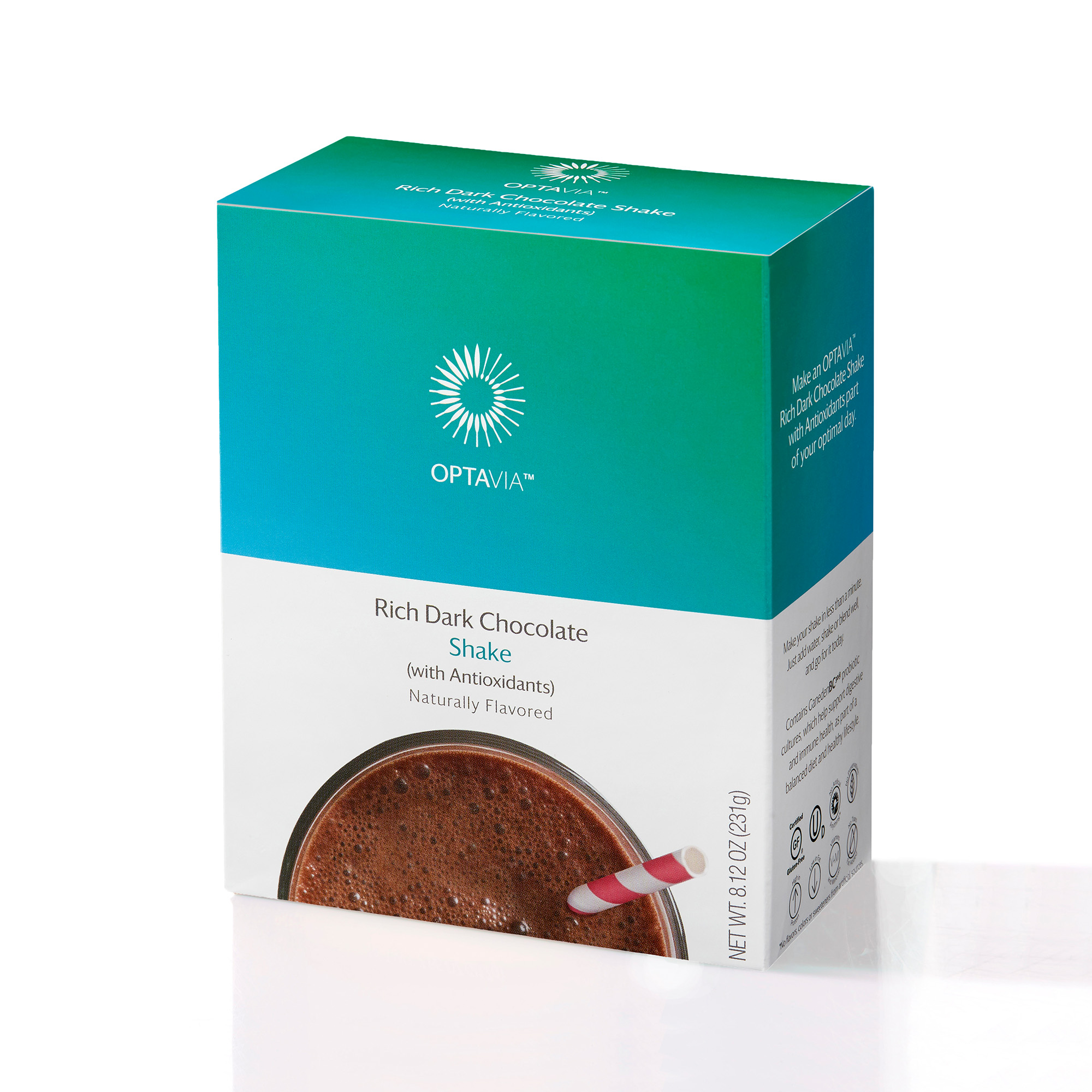 A white, green and blue box with a picture of a drink