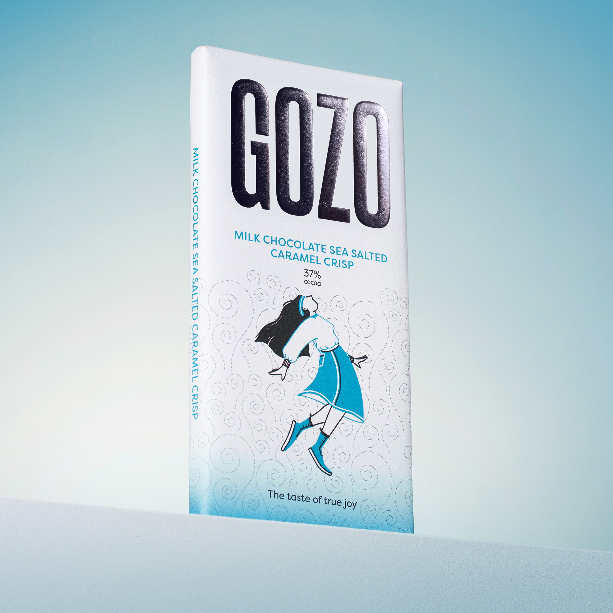 A chocolate bar with blue packaging