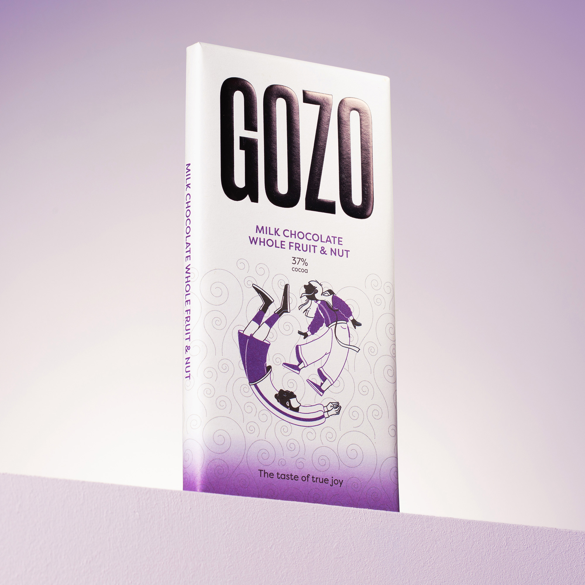 A chocolate bar with purple packaging