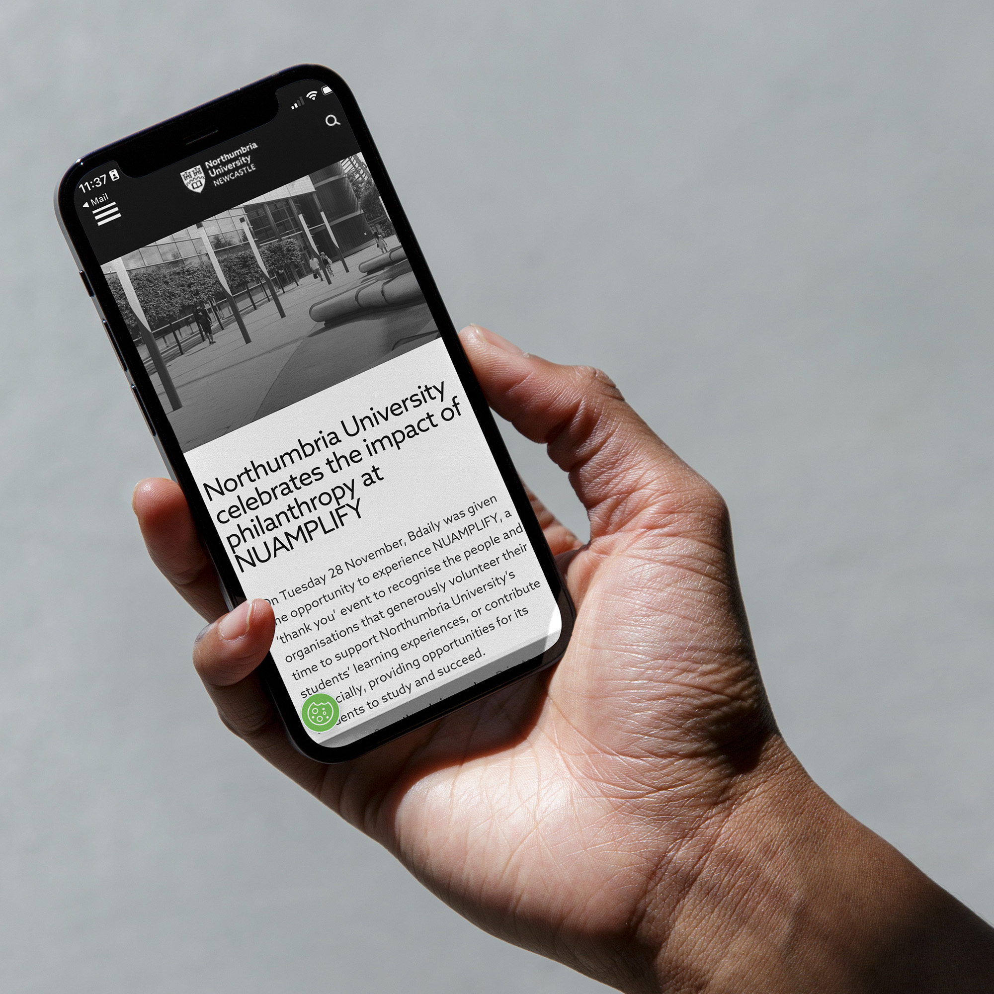 A hand holding a phone looking at a website.