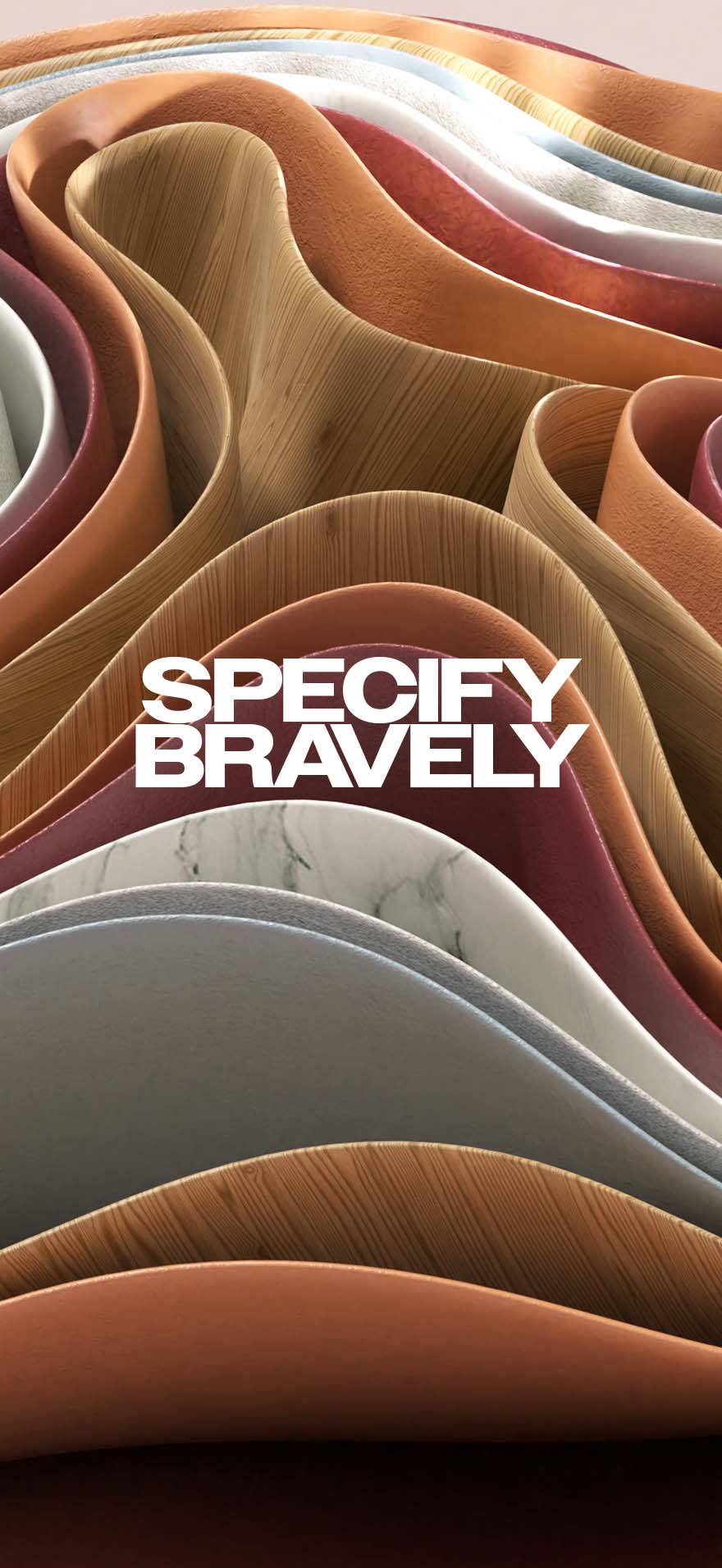 A selection of different coloured decorative surface replicating the growth rings of a tree with bold white lettering in the centre with the worlding 'Specify Bravely'