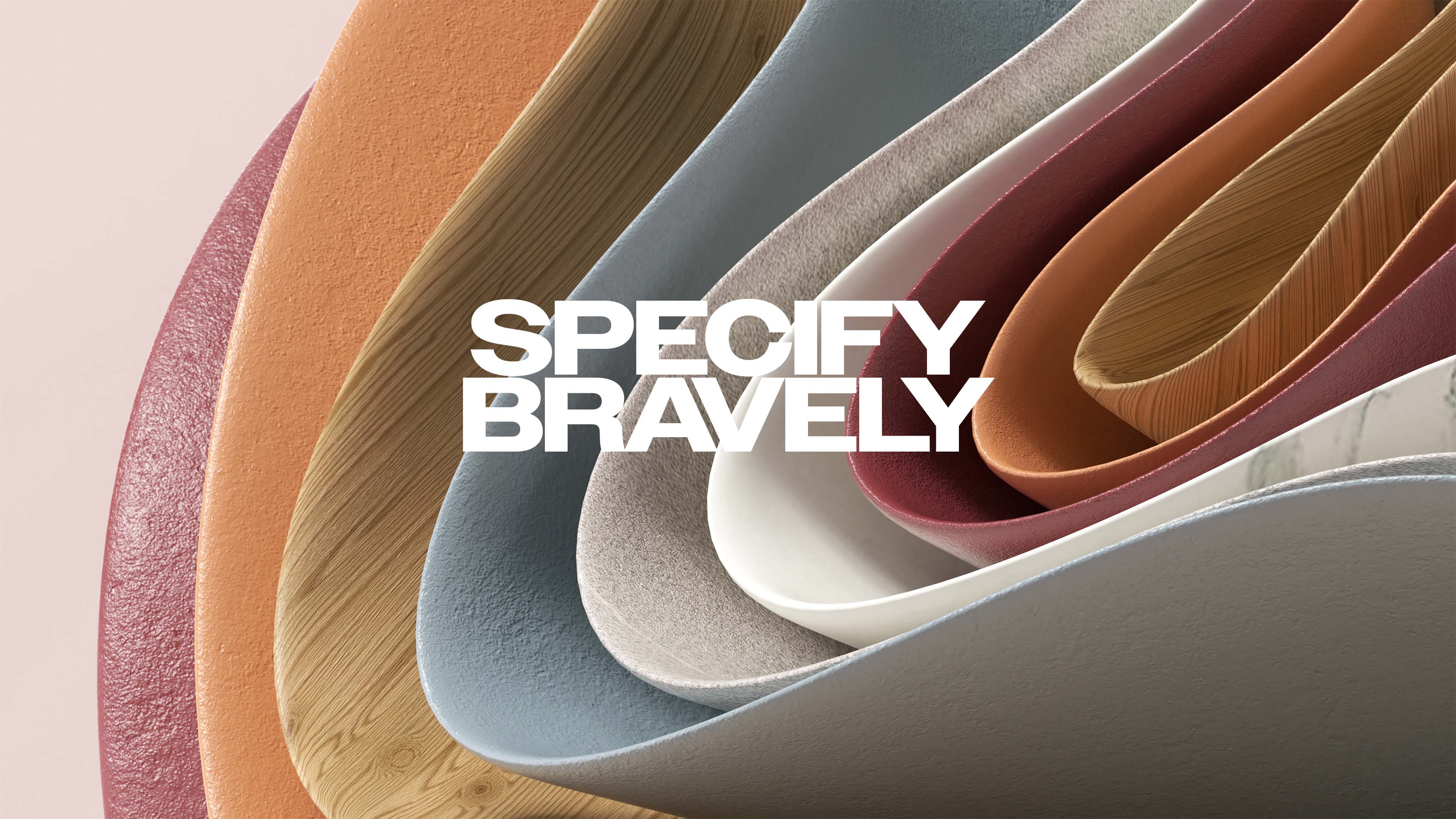 A selection of different coloured decorative surface replicating the growth rings of a tree with bold white lettering in the centre with the worlding 'Specify Bravely'