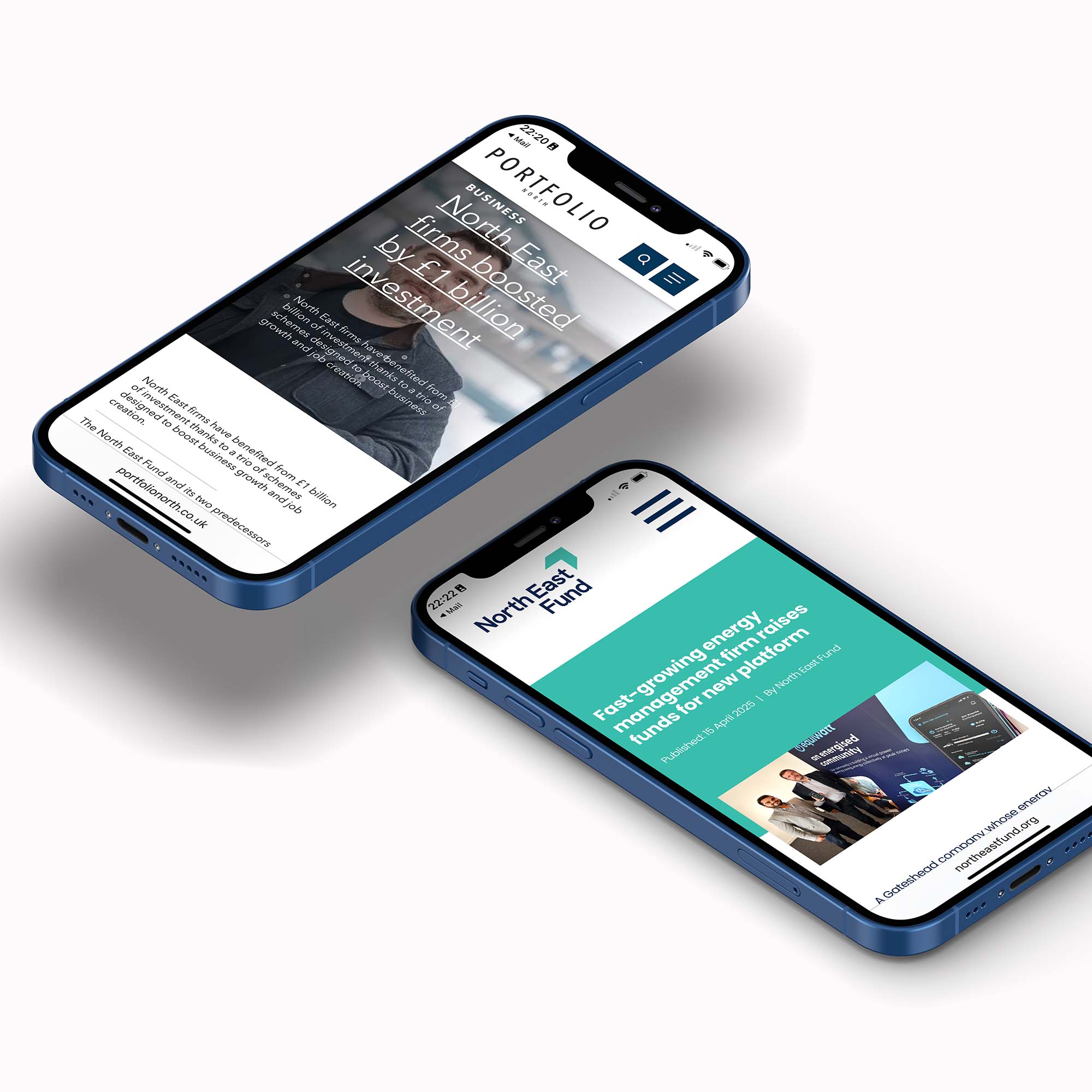 Two mobile phones on a white background which show media coverage and case study for North East Fund on digital platforms