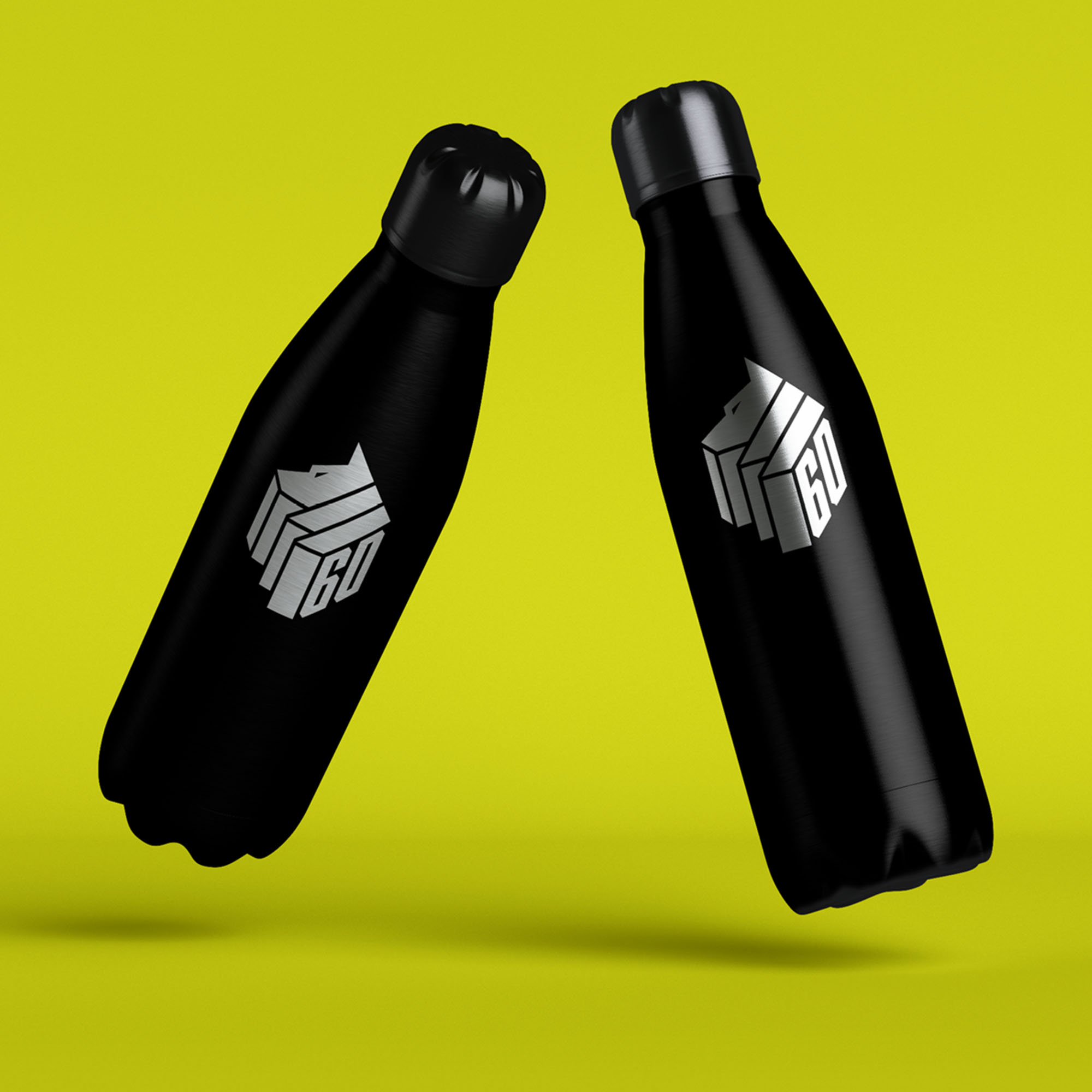 Two black floating water bottle flasks with special 60th anniversary edition of the logo printed on in silver