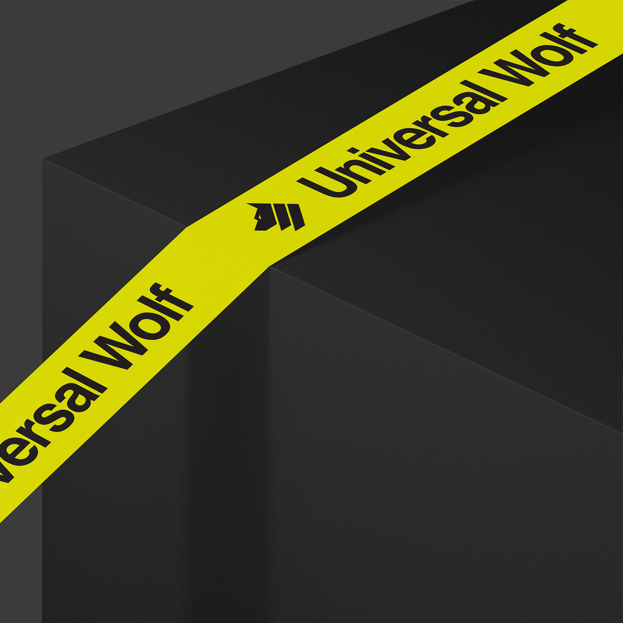 Universal Wolf logo on packing tape which is being applied to a black box.