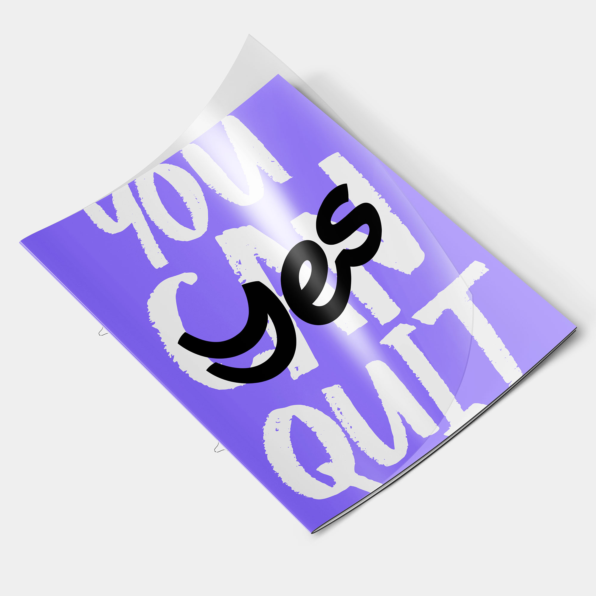 Purple brochure with hand drawn message 'You can quit' in white. Over this is the YES logotype in black.