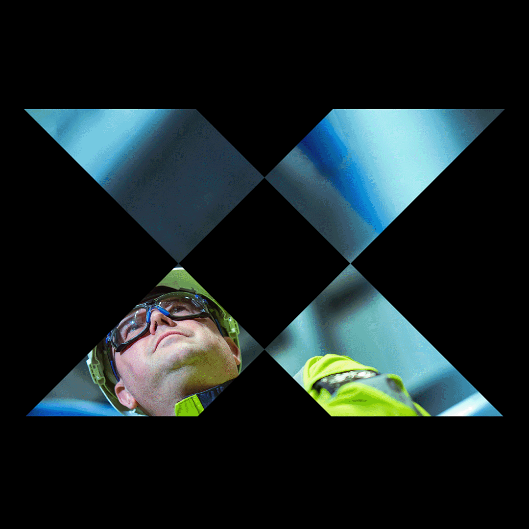 Sequence of Tioxide team photographs inside a large X element from their new logo on a blackground