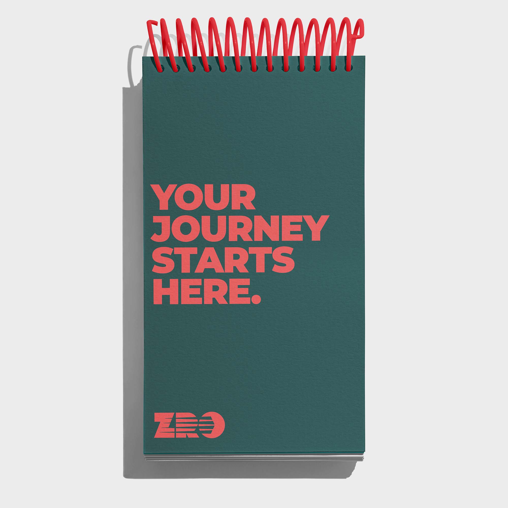 ZRO branding green notepad on a white background.