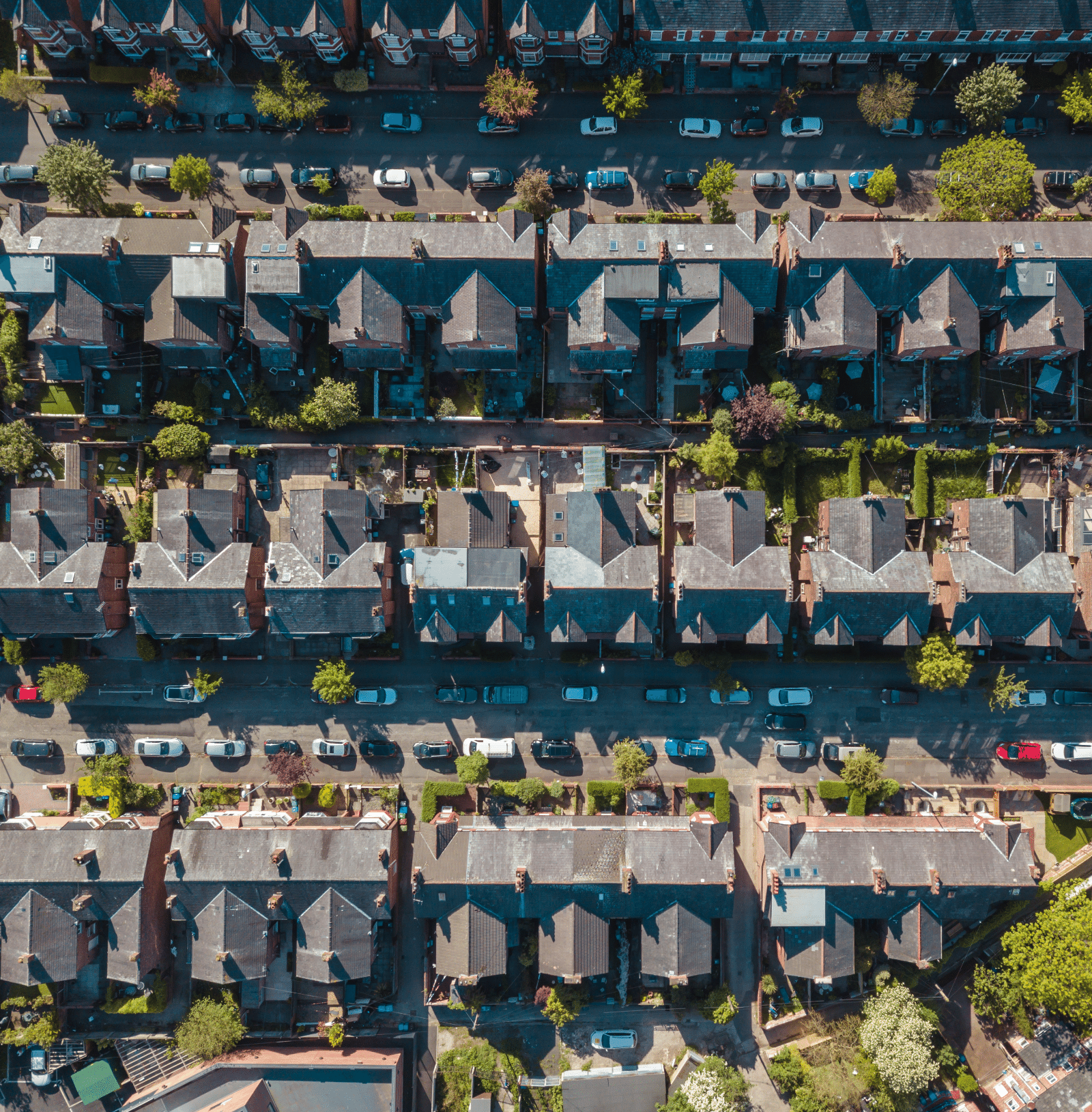 Bird's eye view of houses and streets