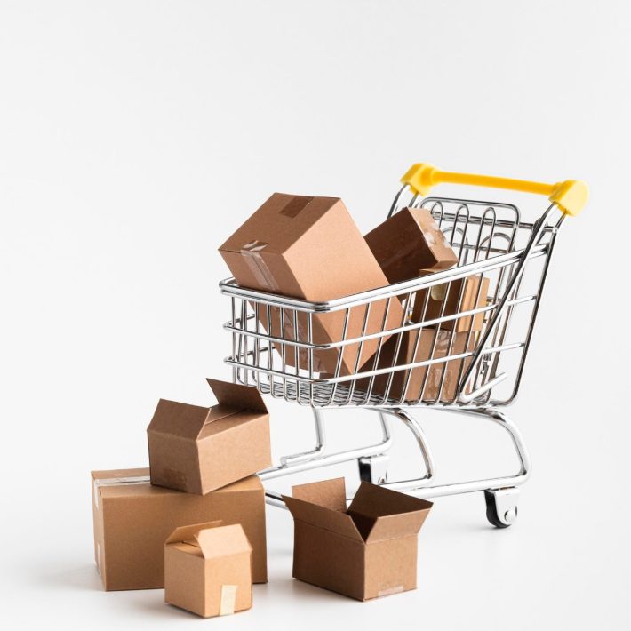 Shopping cart filled with boxes